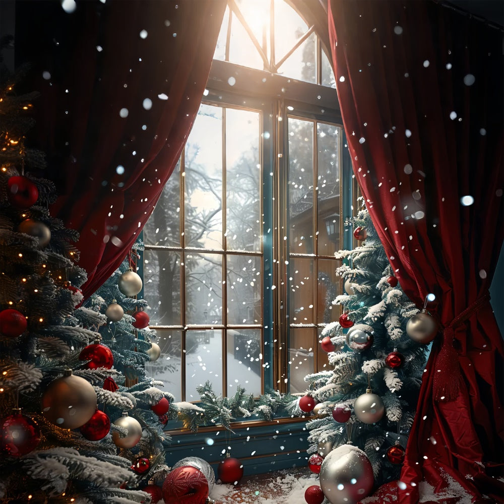 Red Curtain and Snowy Trees Christmas Window Backdrop UK BRP9-87