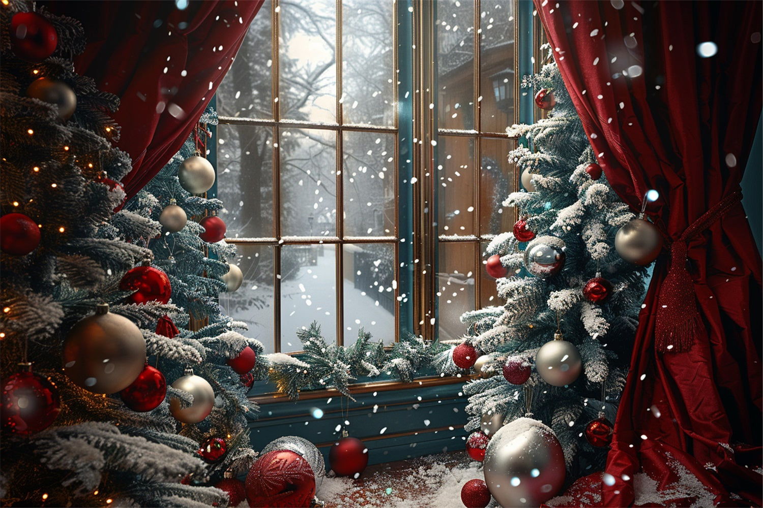 Red Curtain and Snowy Trees Christmas Window Backdrop UK BRP9-87