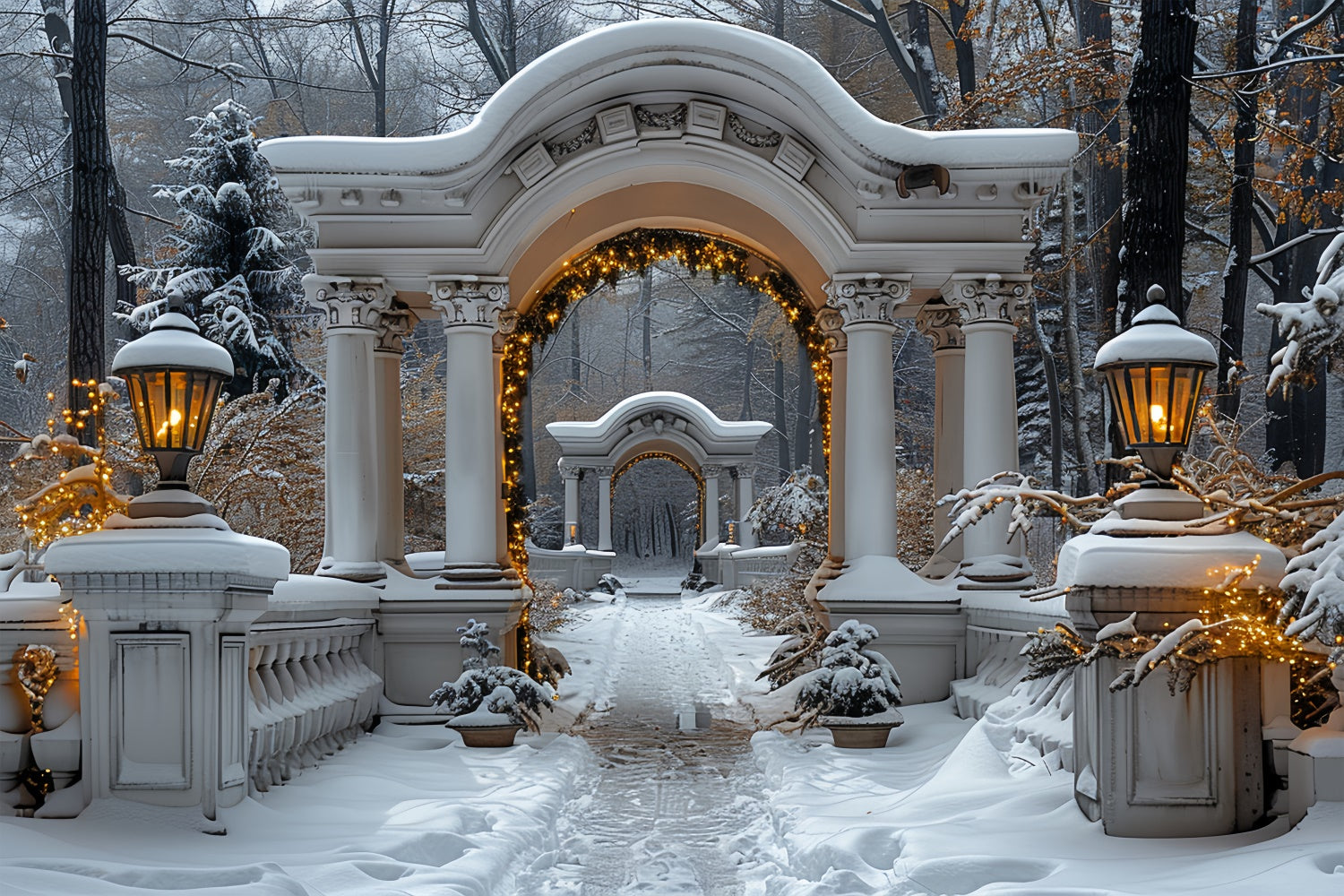 Twinkling Christmas Lights on Snowy Archway Backdrop UK BRP9-88