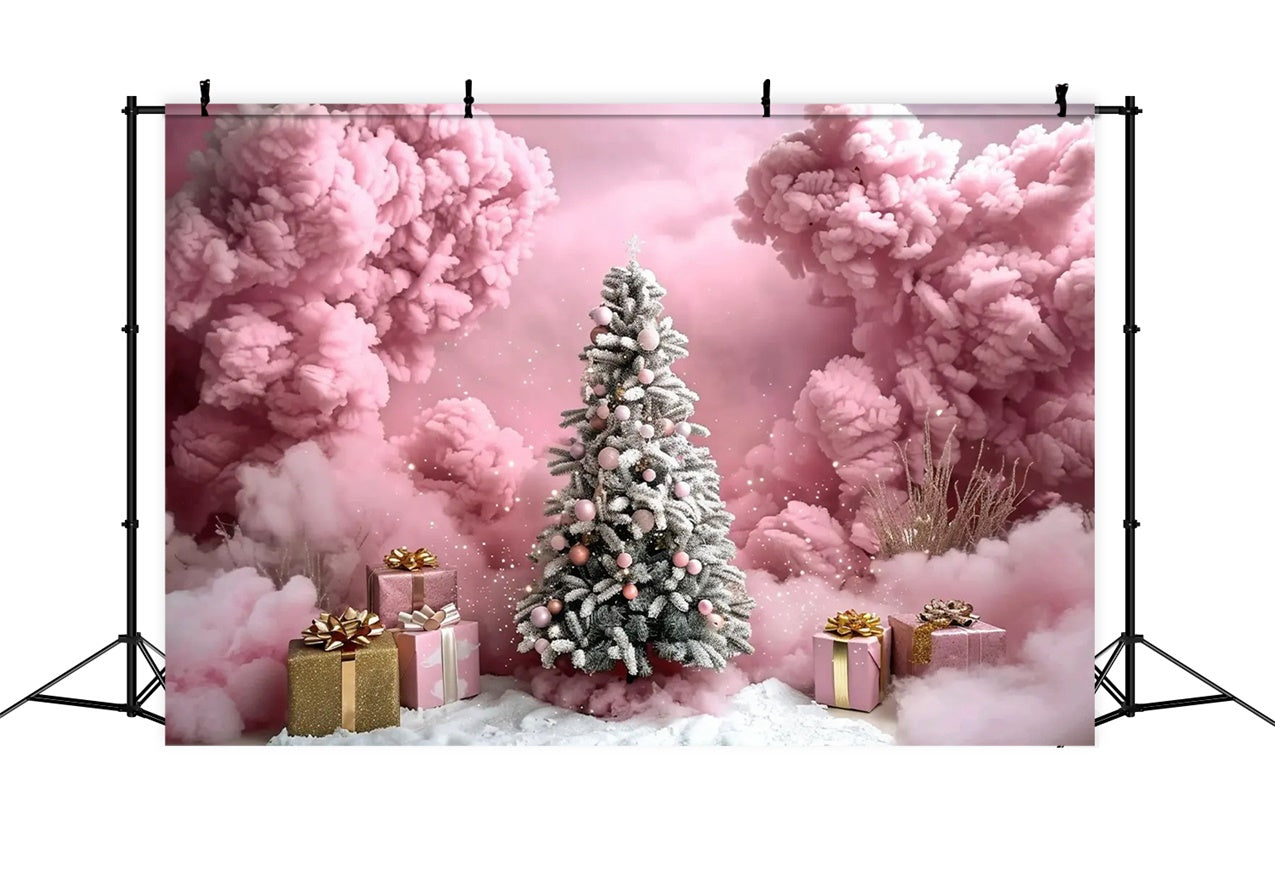 Pink Cloud Christmas Tree with Gift Boxes Backdrop UK BRP9-89