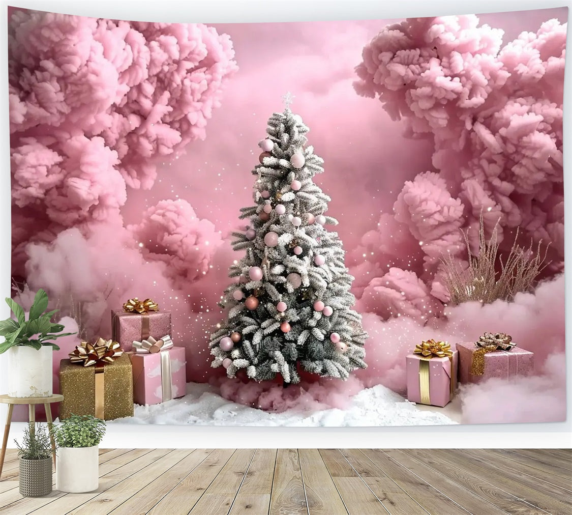 Pink Cloud Christmas Tree with Gift Boxes Backdrop UK BRP9-89