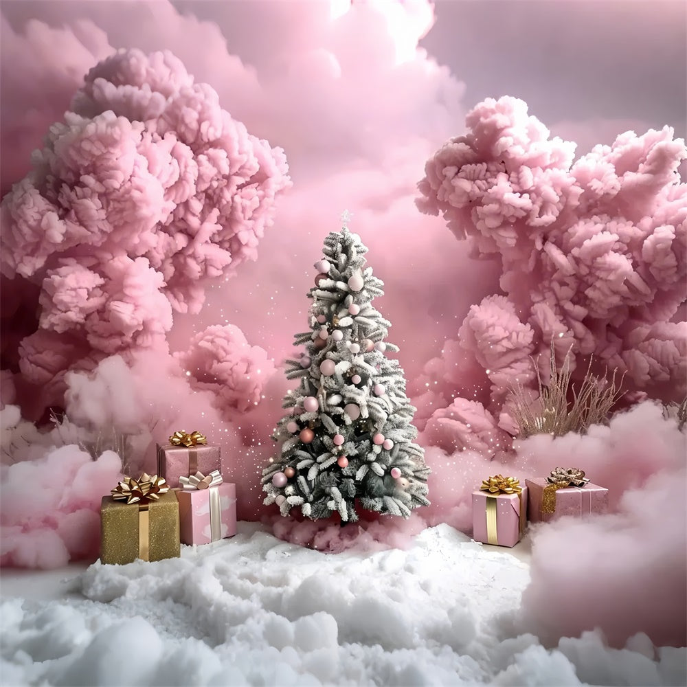 Pink Cloud Christmas Tree with Gift Boxes Backdrop UK BRP9-89