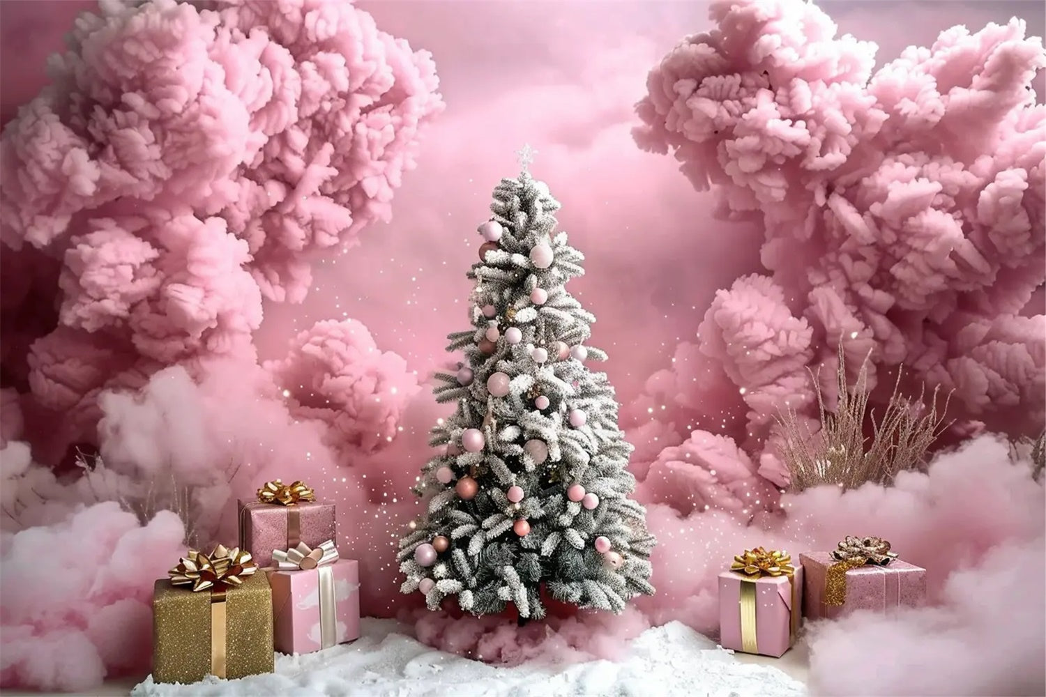 Pink Cloud Christmas Tree with Gift Boxes Backdrop UK BRP9-89