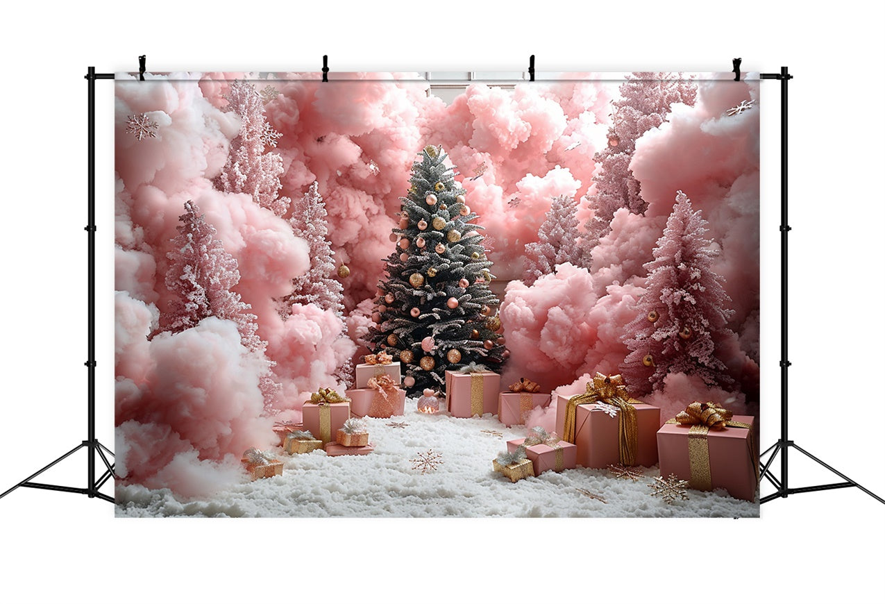 Pink Christmas Forest with Snowflakes and Gifts Backdrop UK BRP9-90