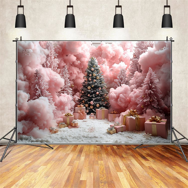 Pink Christmas Forest with Snowflakes and Gifts Backdrop UK BRP9-90