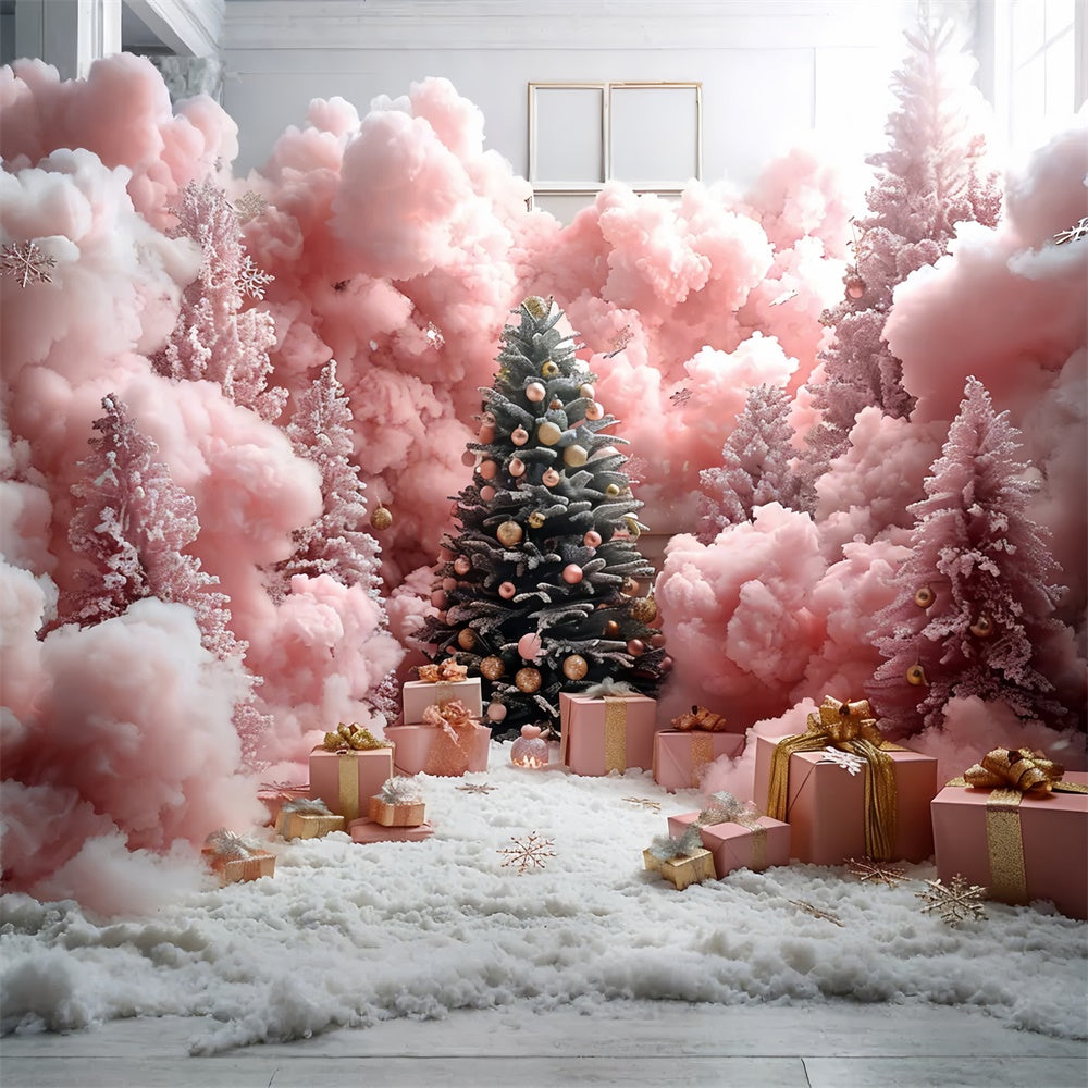 Pink Christmas Forest with Snowflakes and Gifts Backdrop UK BRP9-90