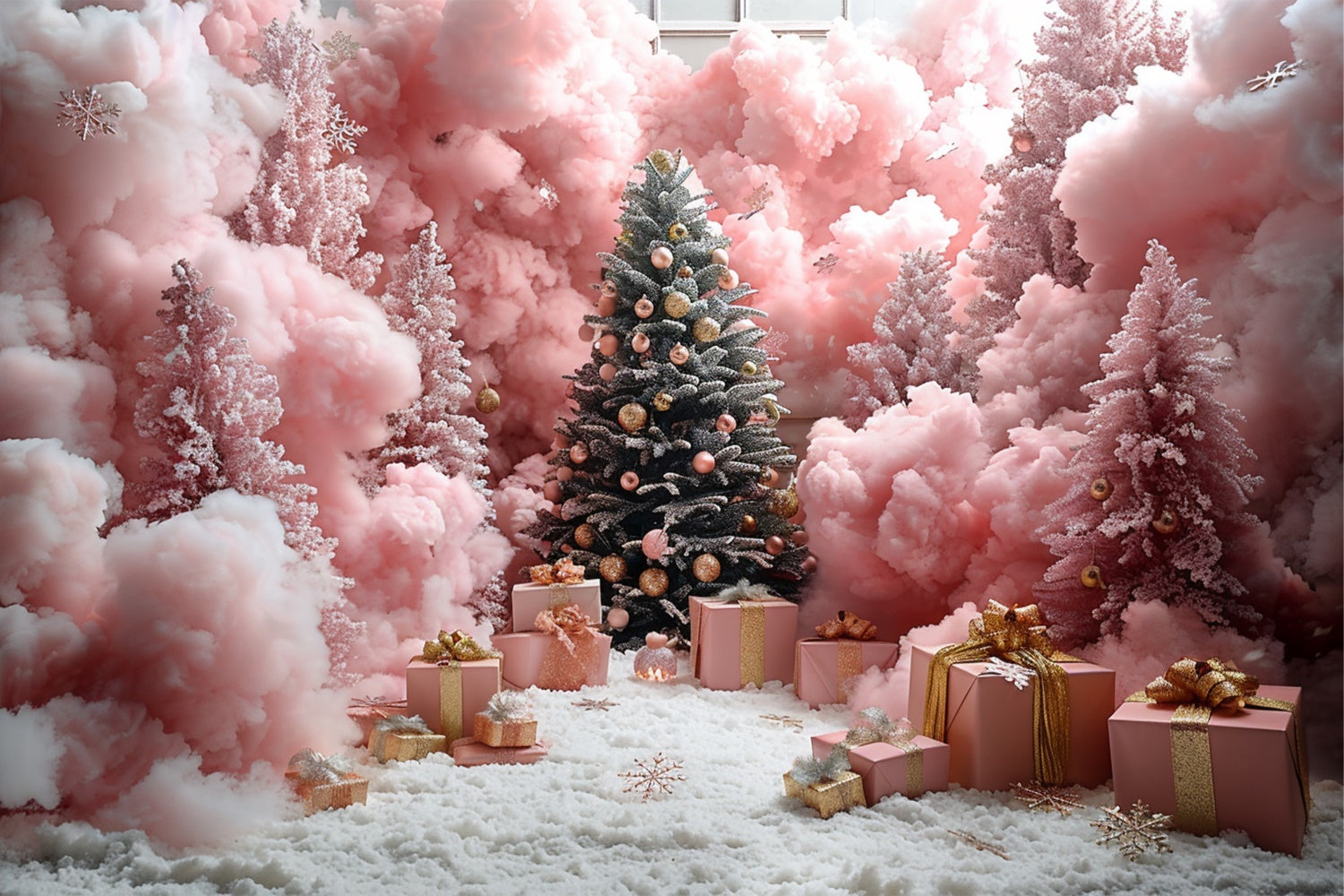 Pink Christmas Forest with Snowflakes and Gifts Backdrop UK BRP9-90