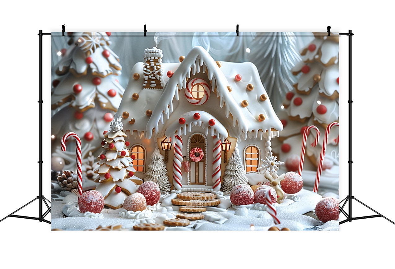 Frosted Gingerbread Cottage with Christmas Trees Backdrop UK BRP9-91