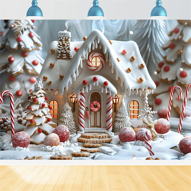 Frosted Gingerbread Cottage with Christmas Trees Backdrop UK BRP9-91