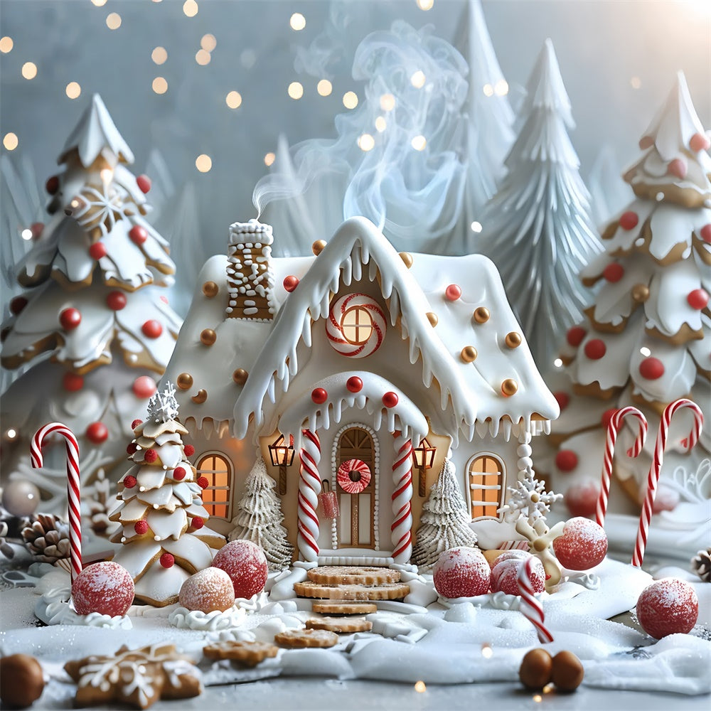 Frosted Gingerbread Cottage with Christmas Trees Backdrop UK BRP9-91