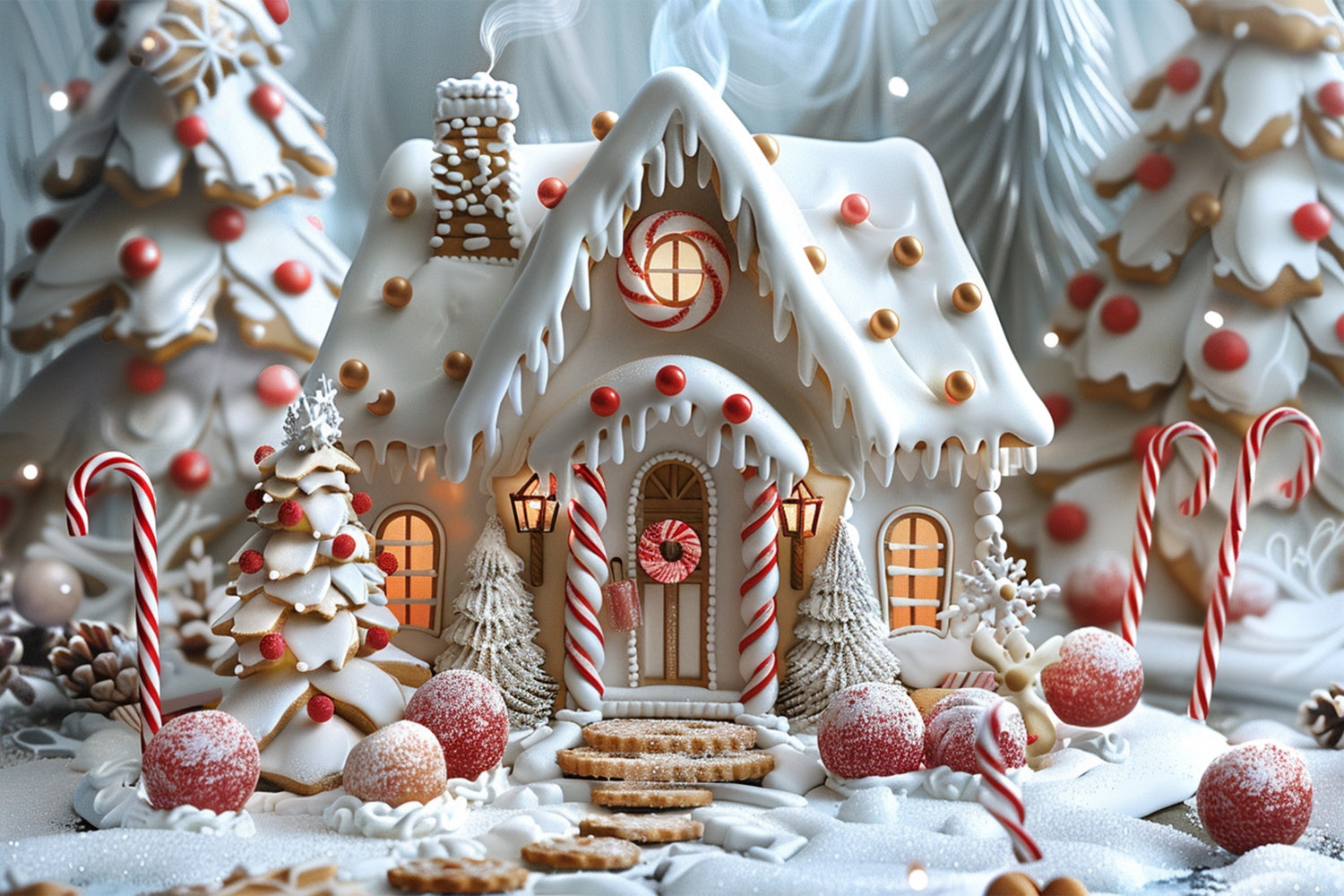 Frosted Gingerbread Cottage with Christmas Trees Backdrop UK BRP9-91