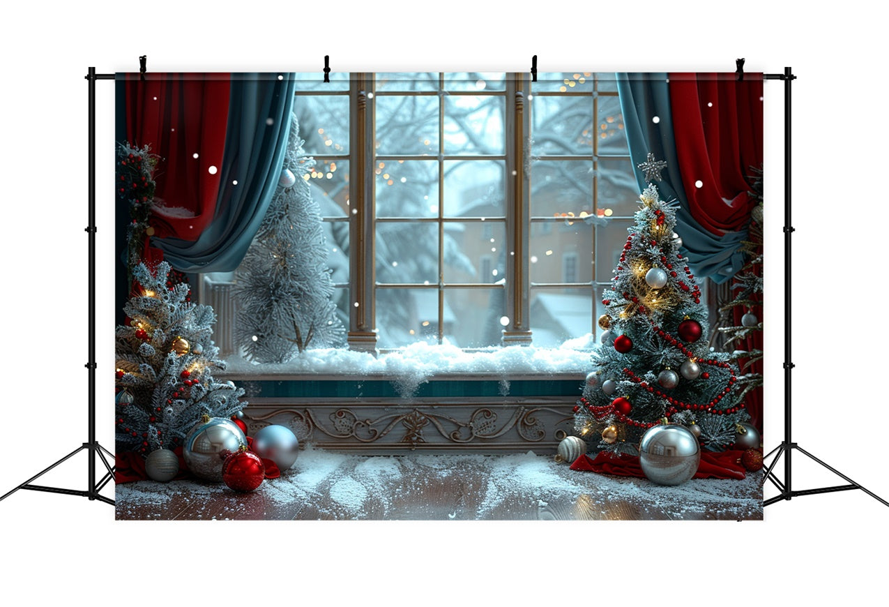 Snowy Window with Decorated Christmas Trees Backdrop UK BRP9-92