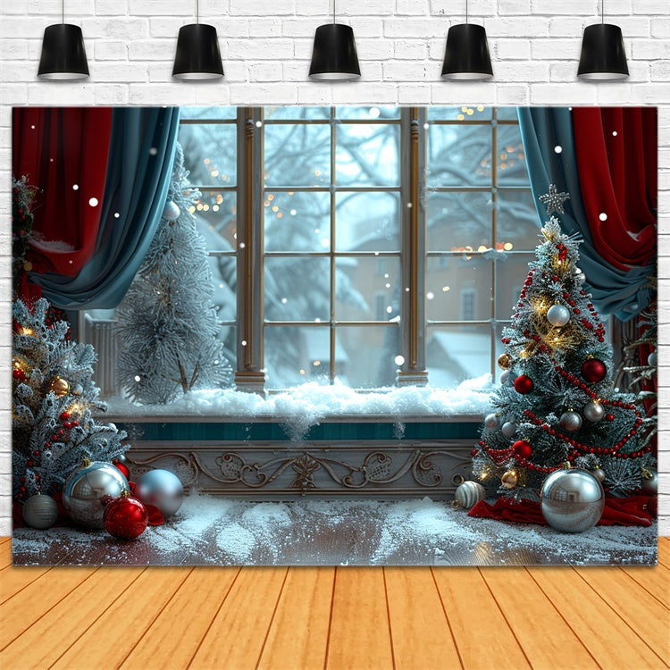 Snowy Window with Decorated Christmas Trees Backdrop UK BRP9-92