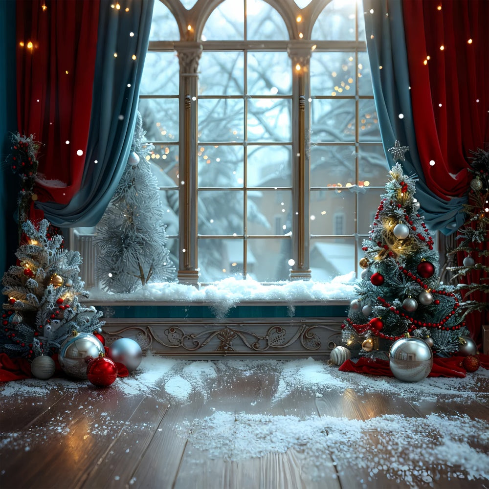 Snowy Window with Decorated Christmas Trees Backdrop UK BRP9-92