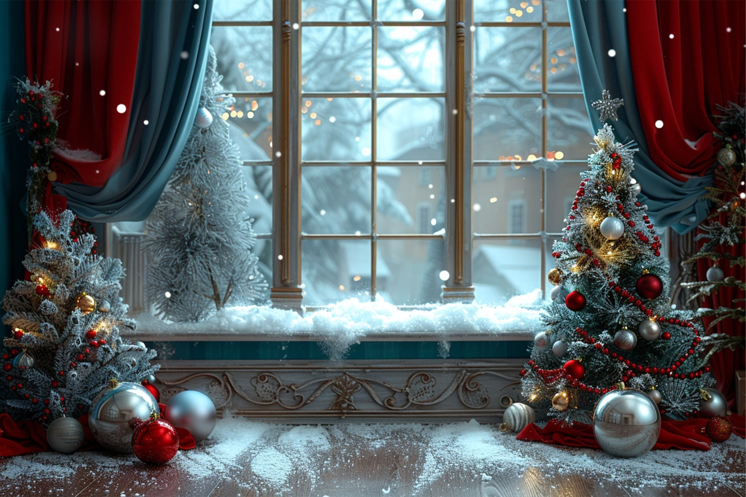 Snowy Window with Decorated Christmas Trees Backdrop UK BRP9-92