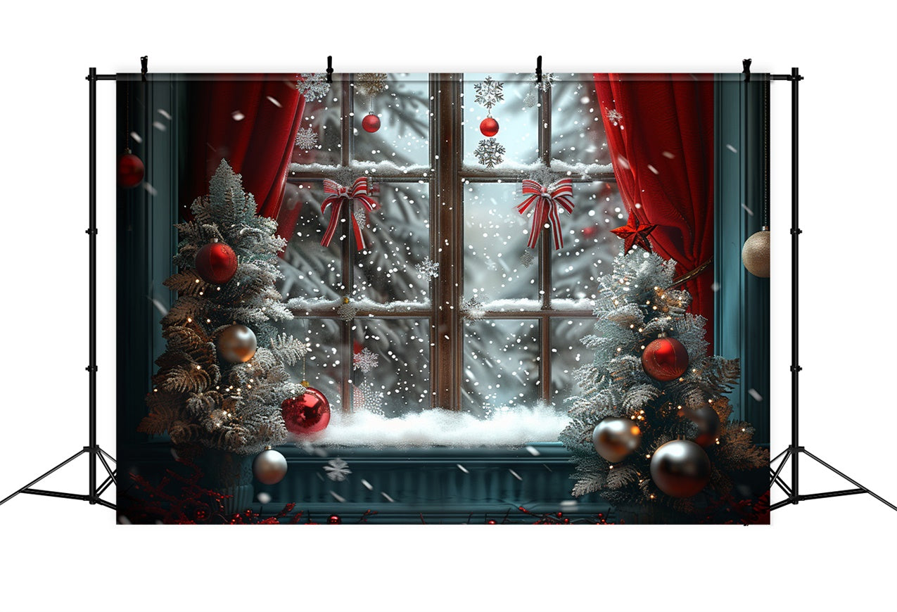 Frosty Christmas Window with Red Ornaments Backdrop UK BRP9-93