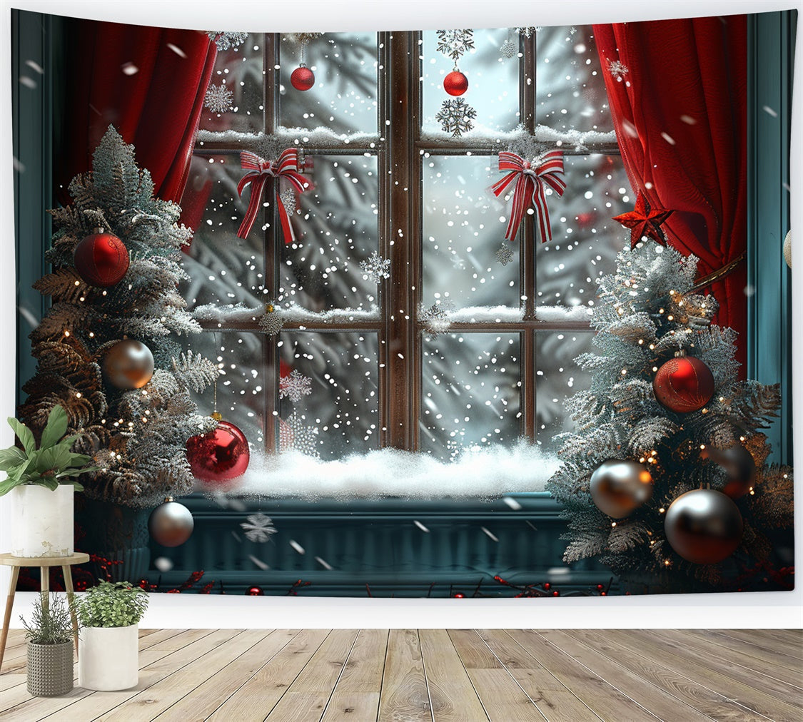 Frosty Christmas Window with Red Ornaments Backdrop UK BRP9-93