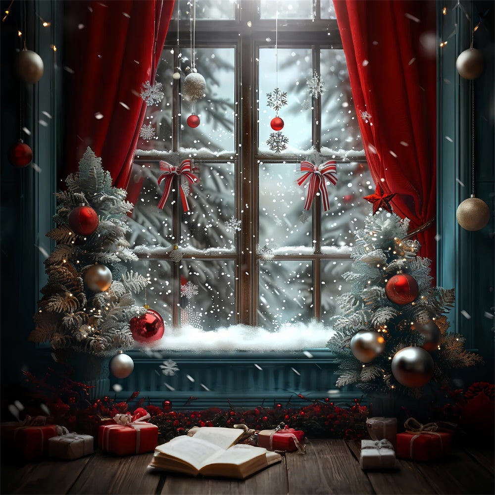 Frosty Christmas Window with Red Ornaments Backdrop UK BRP9-93