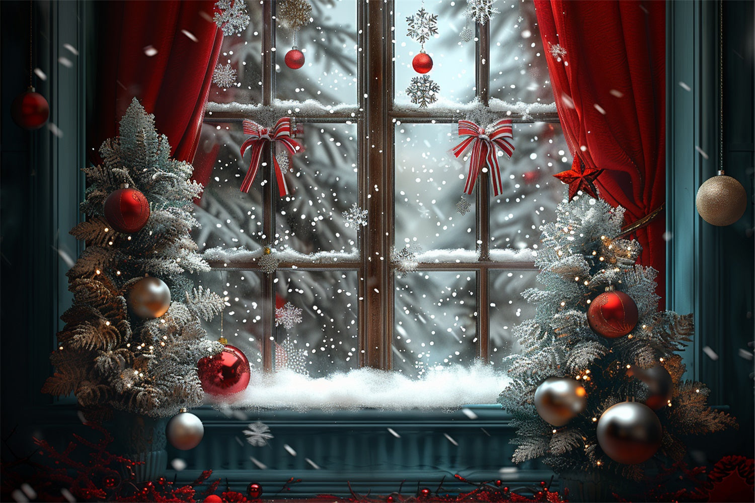 Frosty Christmas Window with Red Ornaments Backdrop UK BRP9-93