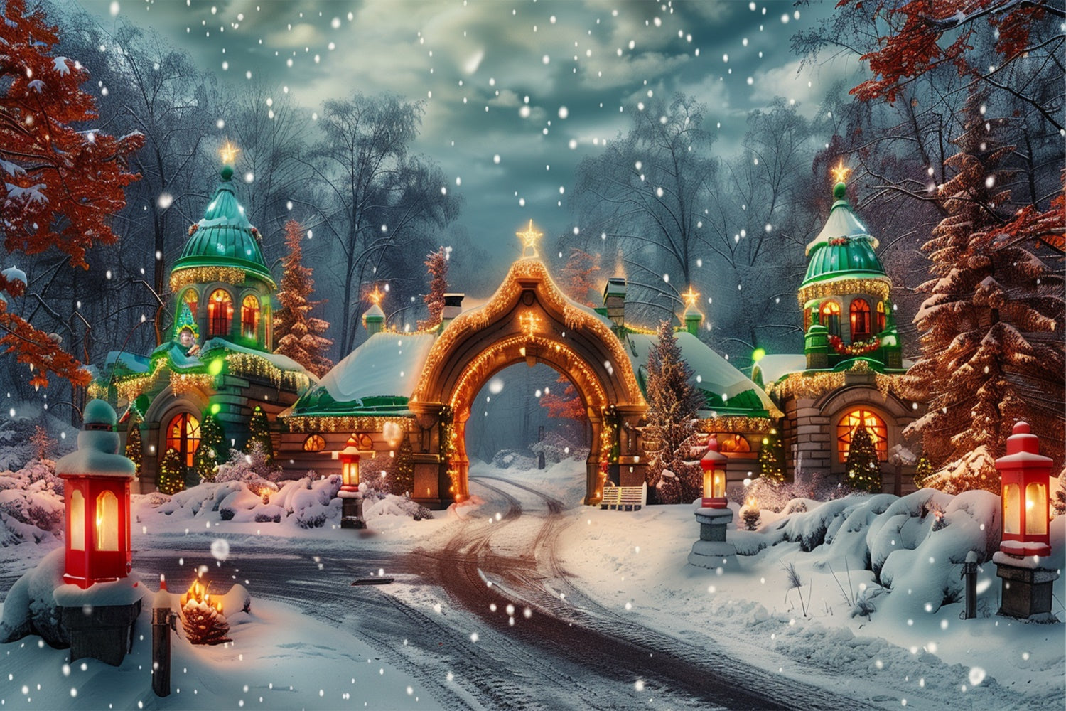 Christmas Castle Gate with Snow and Lights Backdrop UK BRP9-94