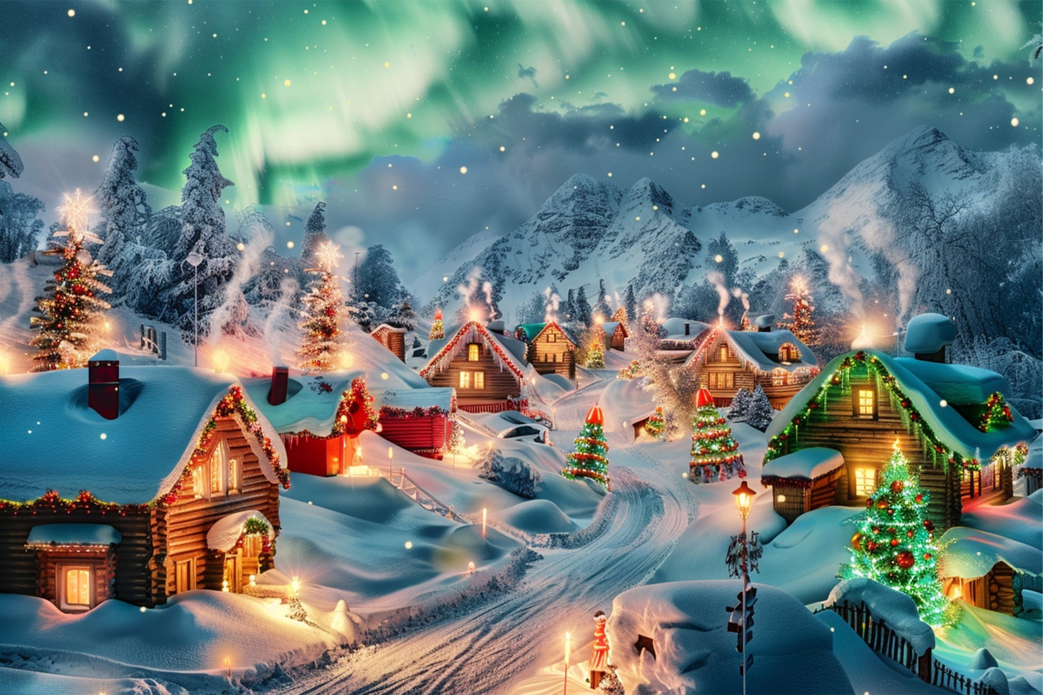 Northern Lights Christmas Village with Trees Backdrop UK BRP9-96