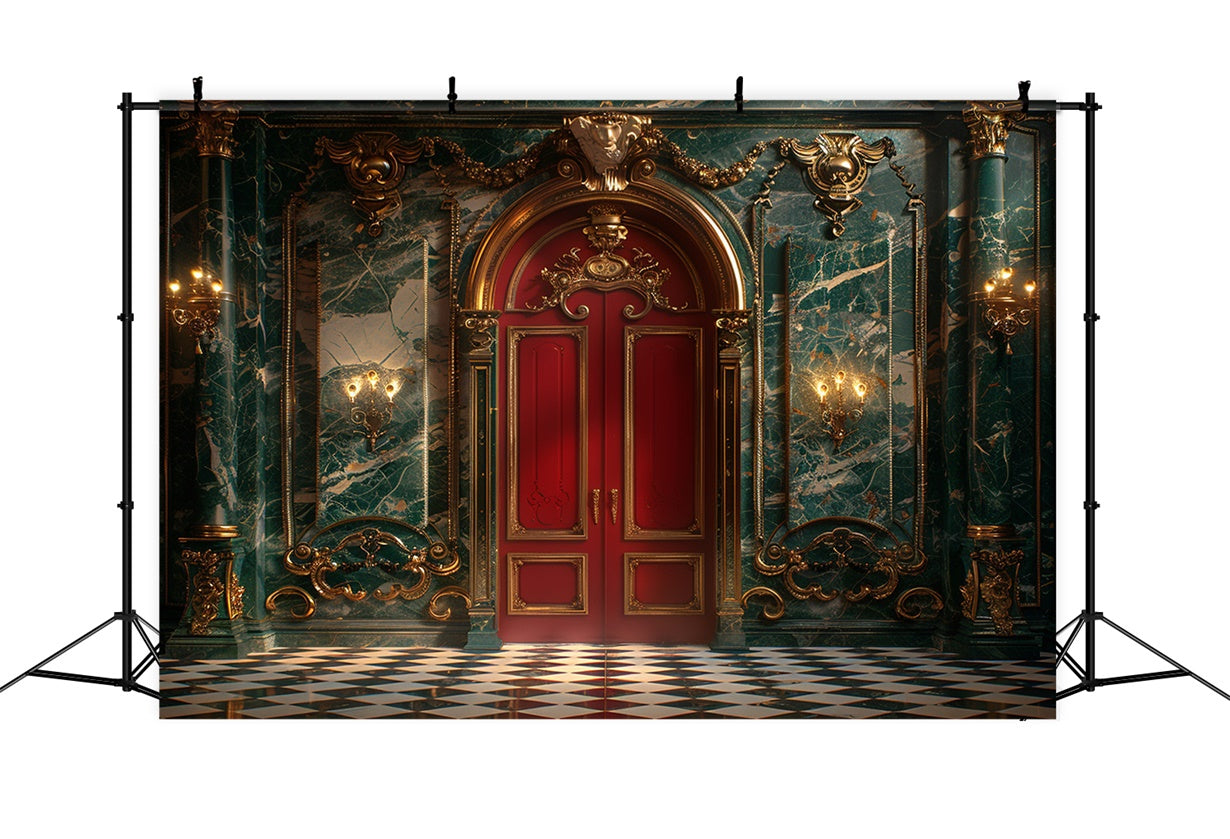 Opulent Christmas Green Marble and Red Door Backdrop UK BRP9-98