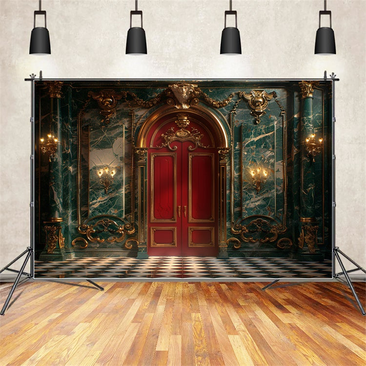 Opulent Christmas Green Marble and Red Door Backdrop UK BRP9-98