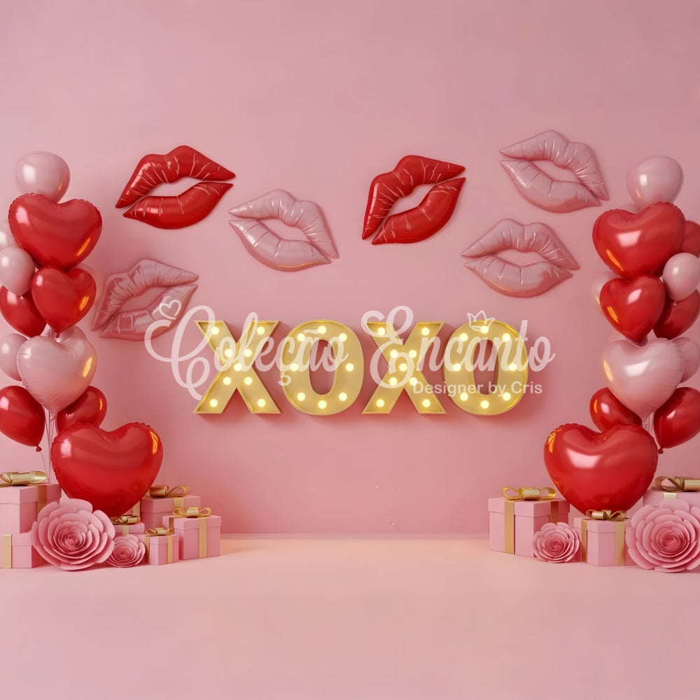 Valentine's Day Backdrop Kissing Lips Neon XOXO Pink Valentine Backdrop UK By Magali