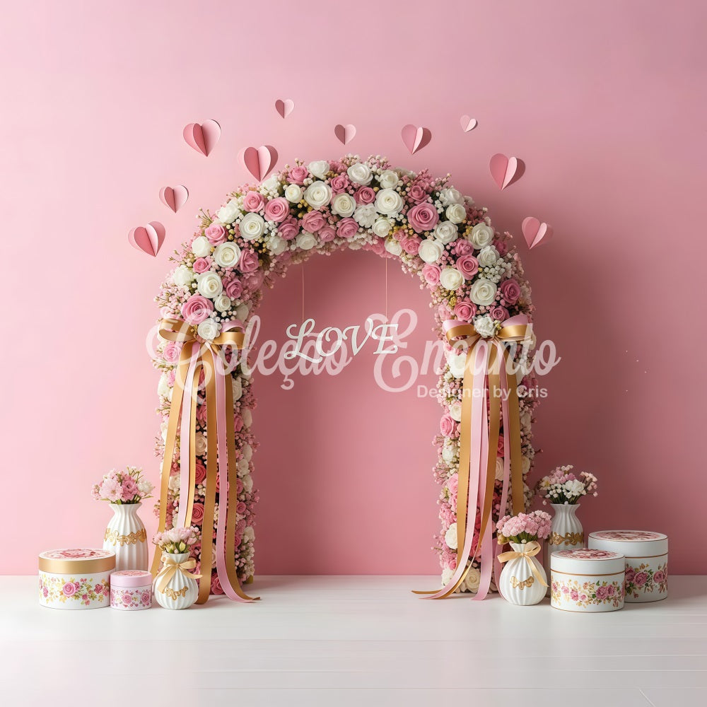 Valentines Backdrop Pink Floral Arch Valentine's Day Photography Backdrop UK By Magali