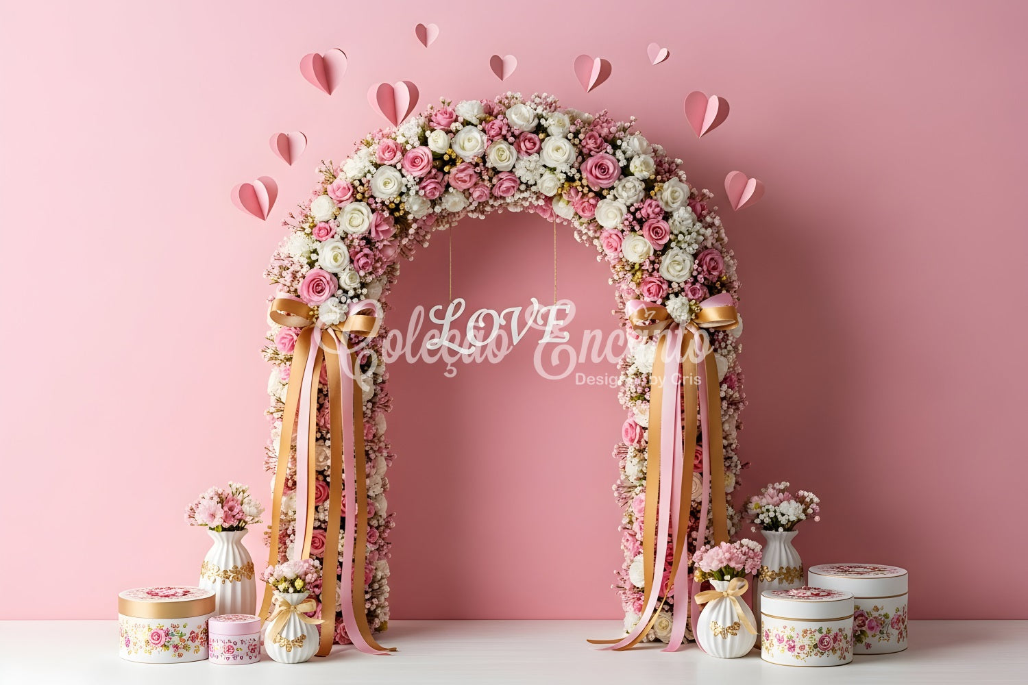 Valentines Backdrop Pink Floral Arch Valentine's Day Photography Backdrop UK By Magali