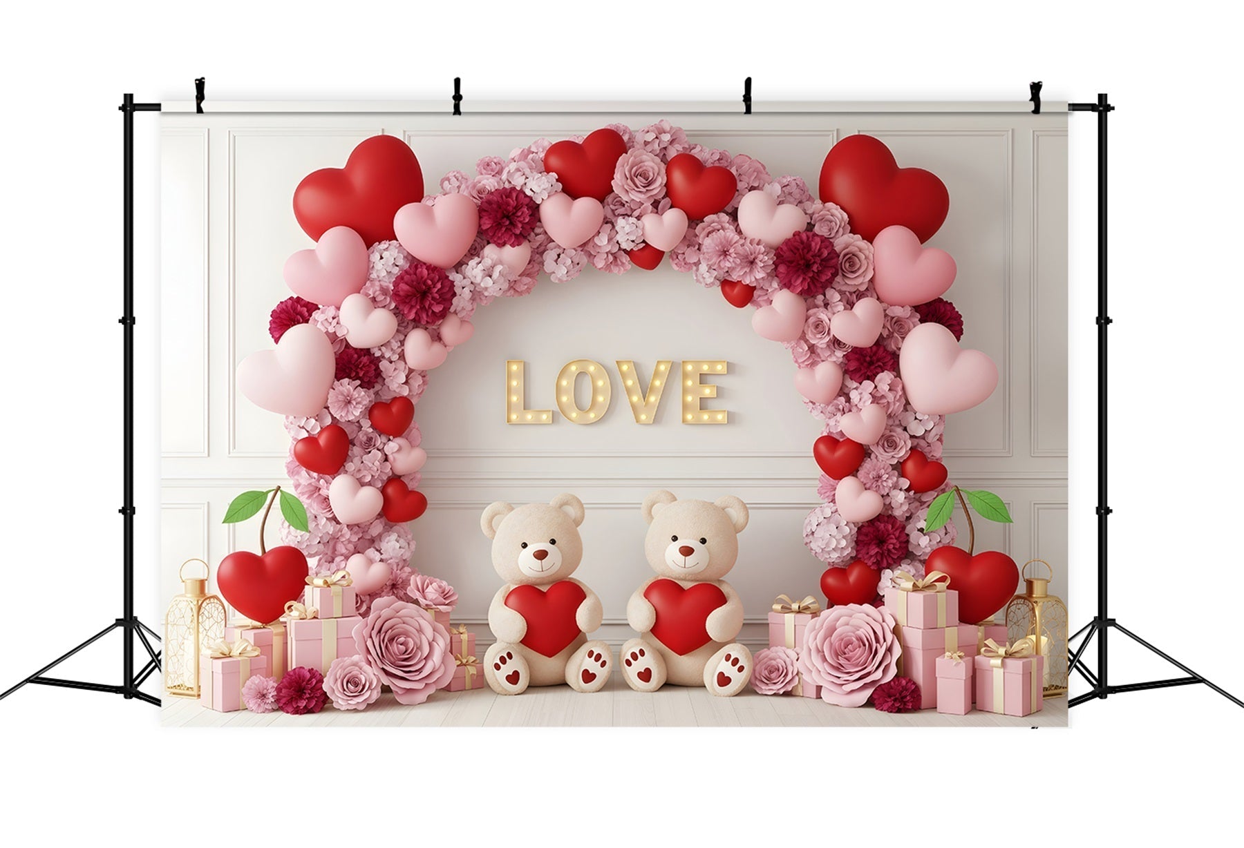 Valentine's Day Backdrop Floral Heart Teddy Arch Valentine Backdrops UK By Magali