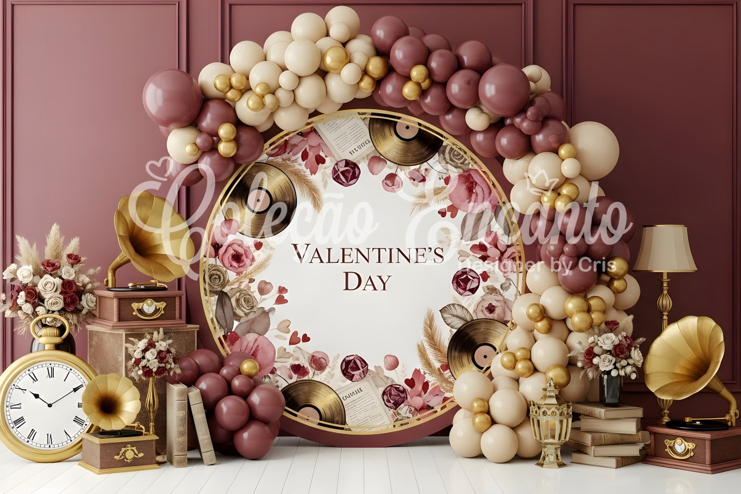 Valentines Backdrop Vintage Records Rose Arrangement Valentine's Day Backdrops UK By Magali