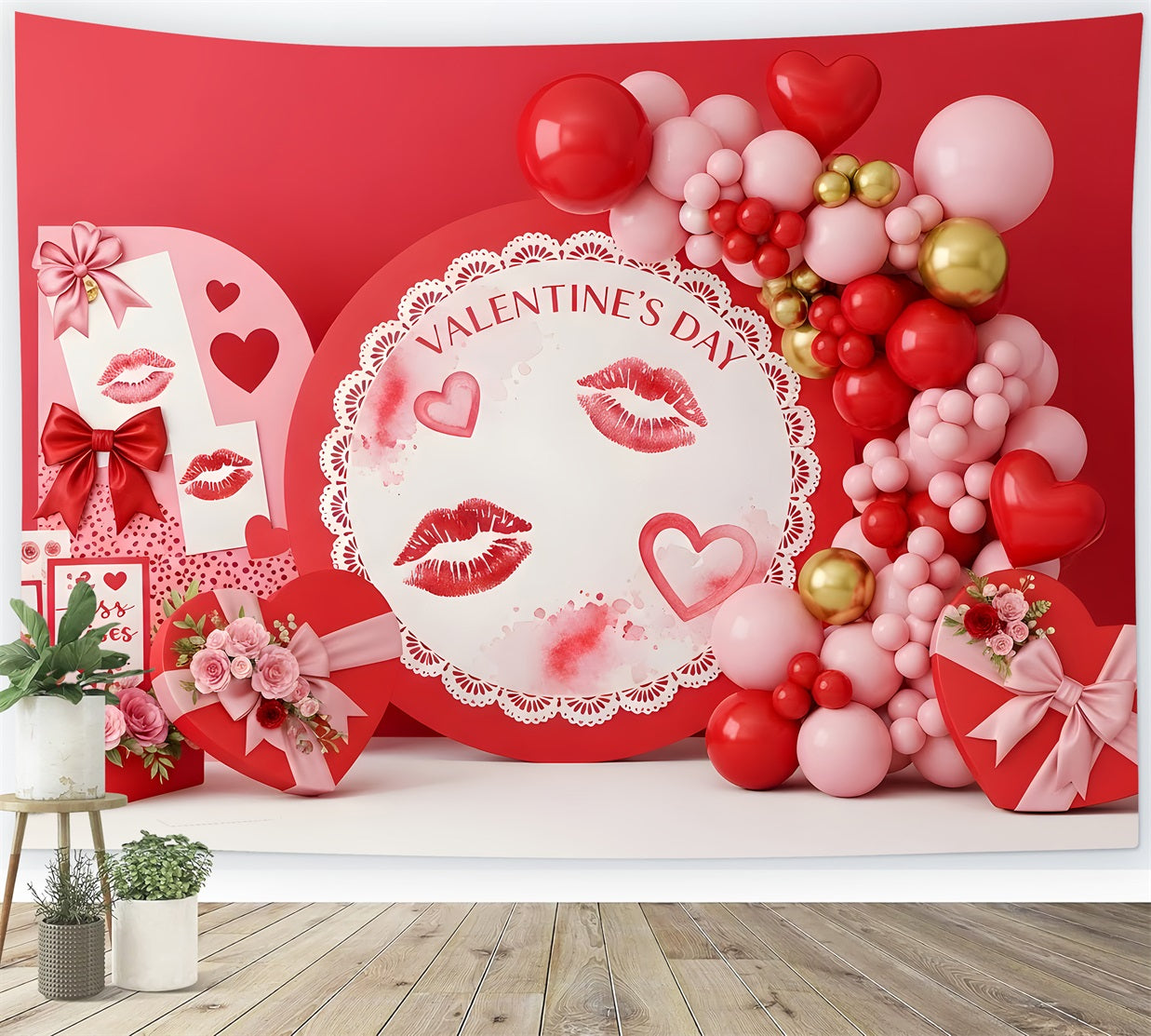 Red Valentines Backdrop Kisses Lace Romance Display Valentine Backdrop Ideas UK By Magali