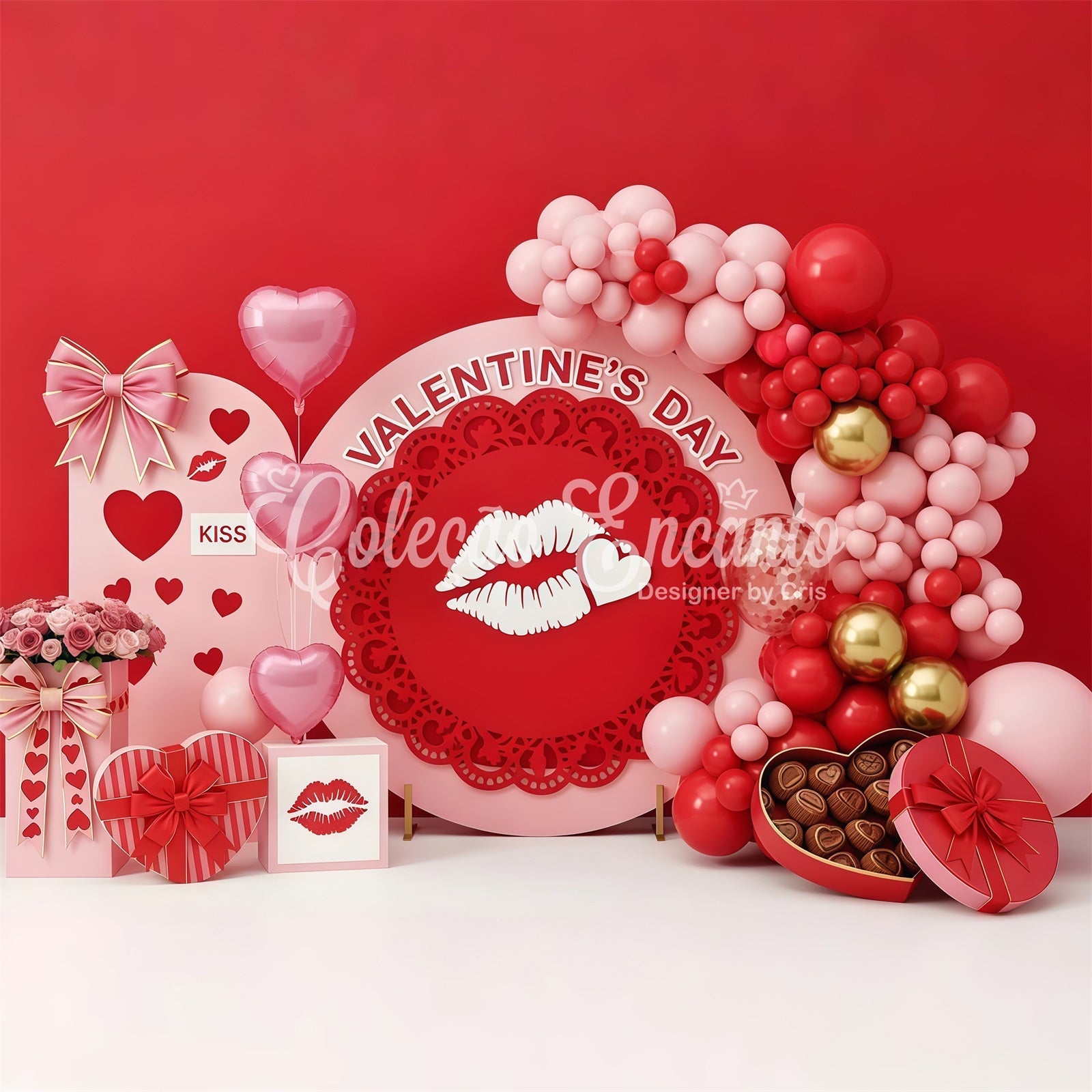 Red Valentine Backdrop Pink Heart Kiss Delight Valentines Backdrop Ideas UK By Magali