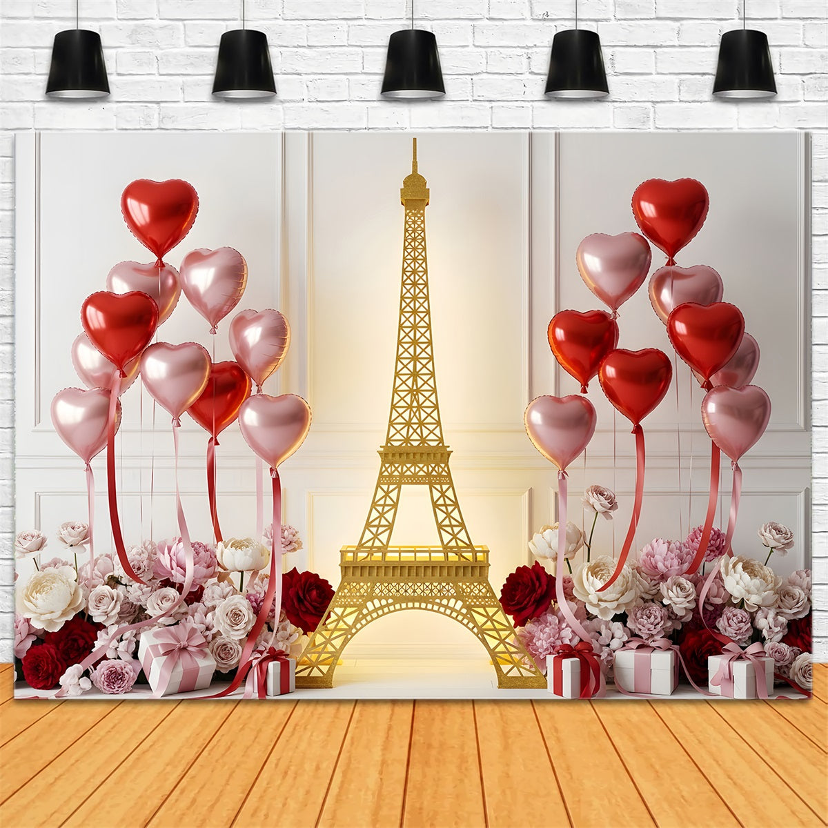Valentine's Backdrop Golden Paris Heart Balloons Valentine's Day Backdrop UK By Magali