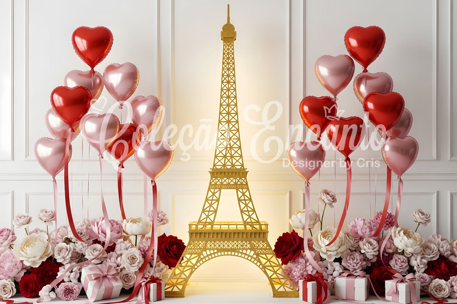 Valentine's Backdrop Golden Paris Heart Balloons Valentine's Day Backdrop UK By Magali