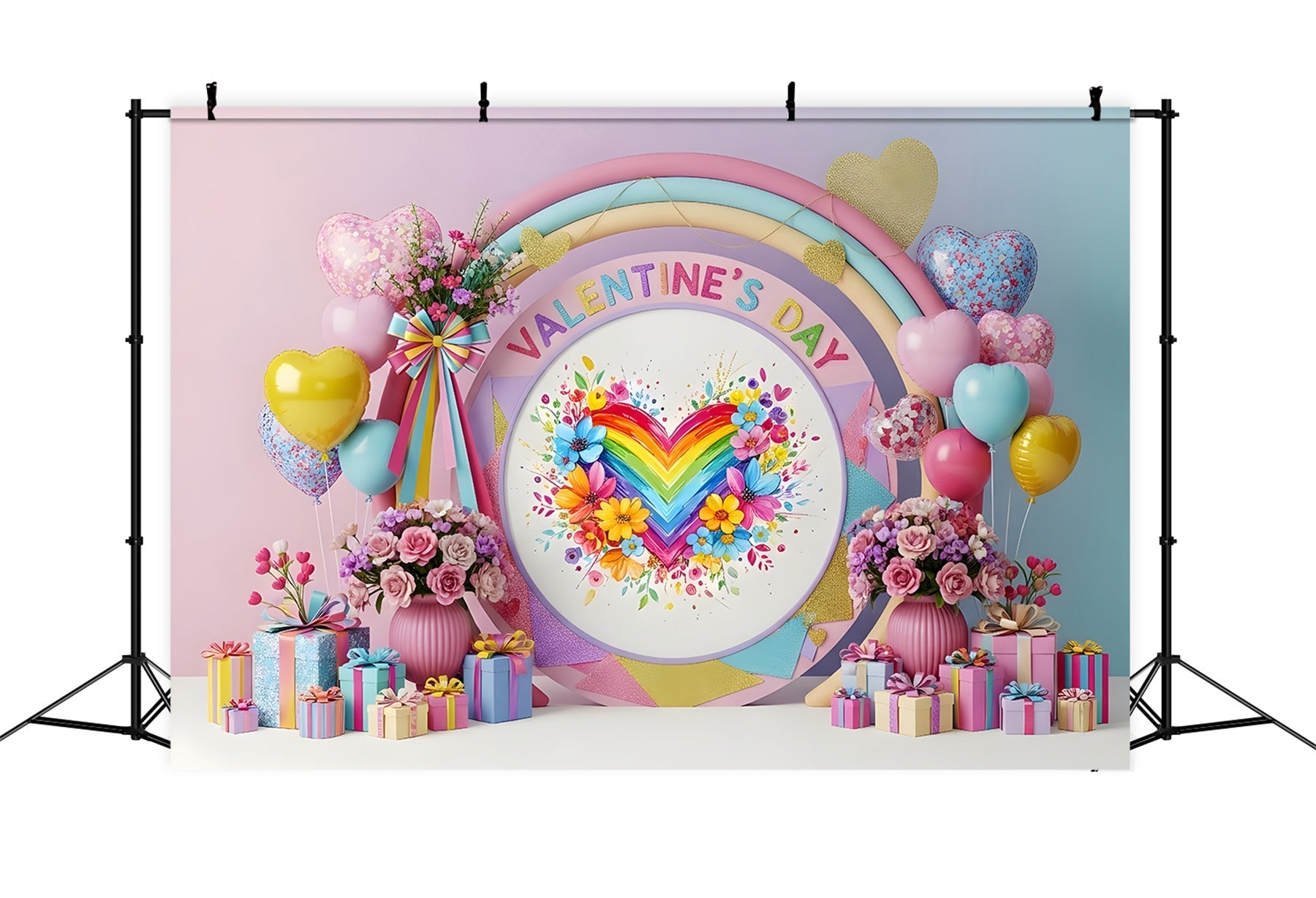 Valentines Backdrop Rainbow Floral Heart Valentine's Day Backdrops For Pictures UK By Magali
