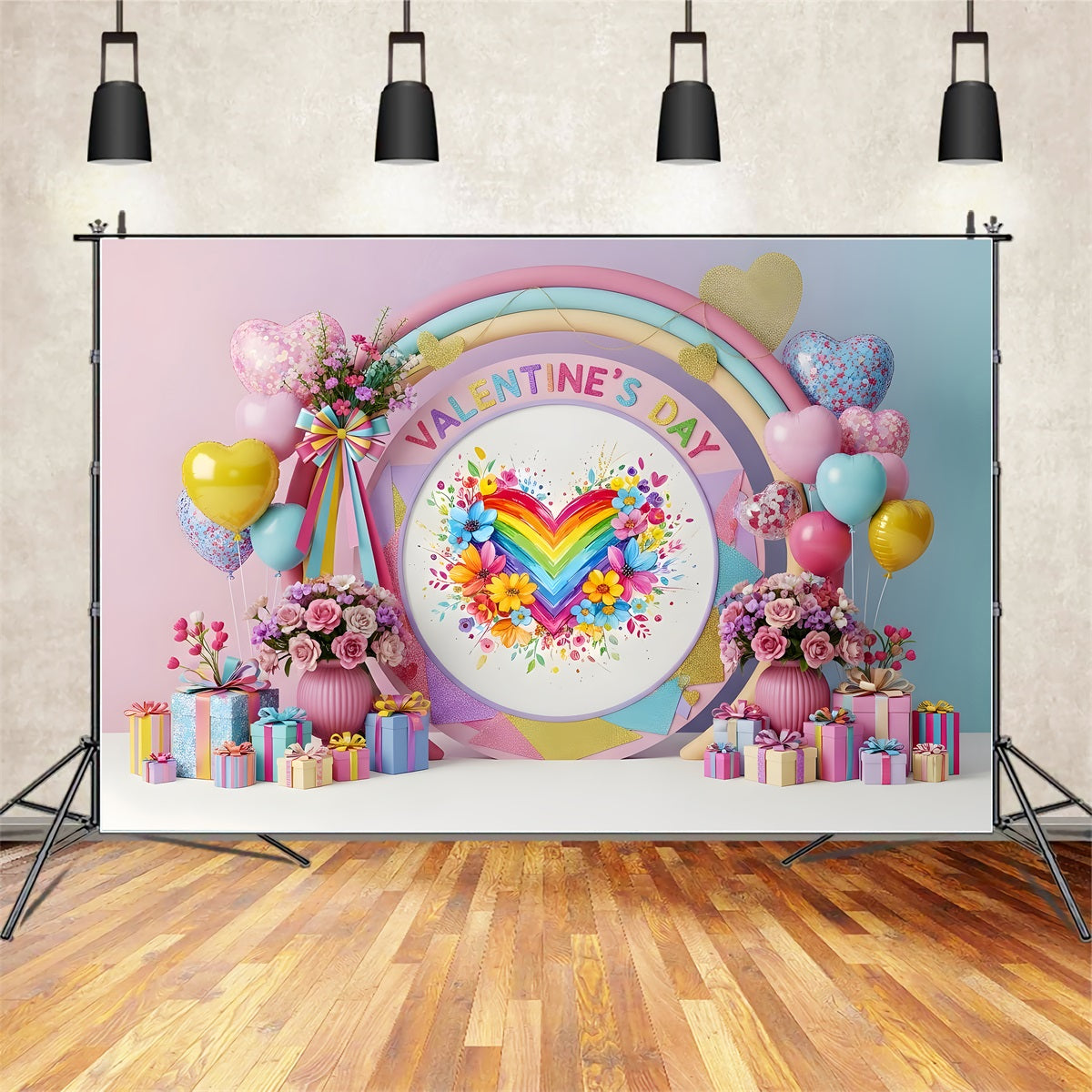 Valentines Backdrop Rainbow Floral Heart Valentine's Day Backdrops For Pictures UK By Magali