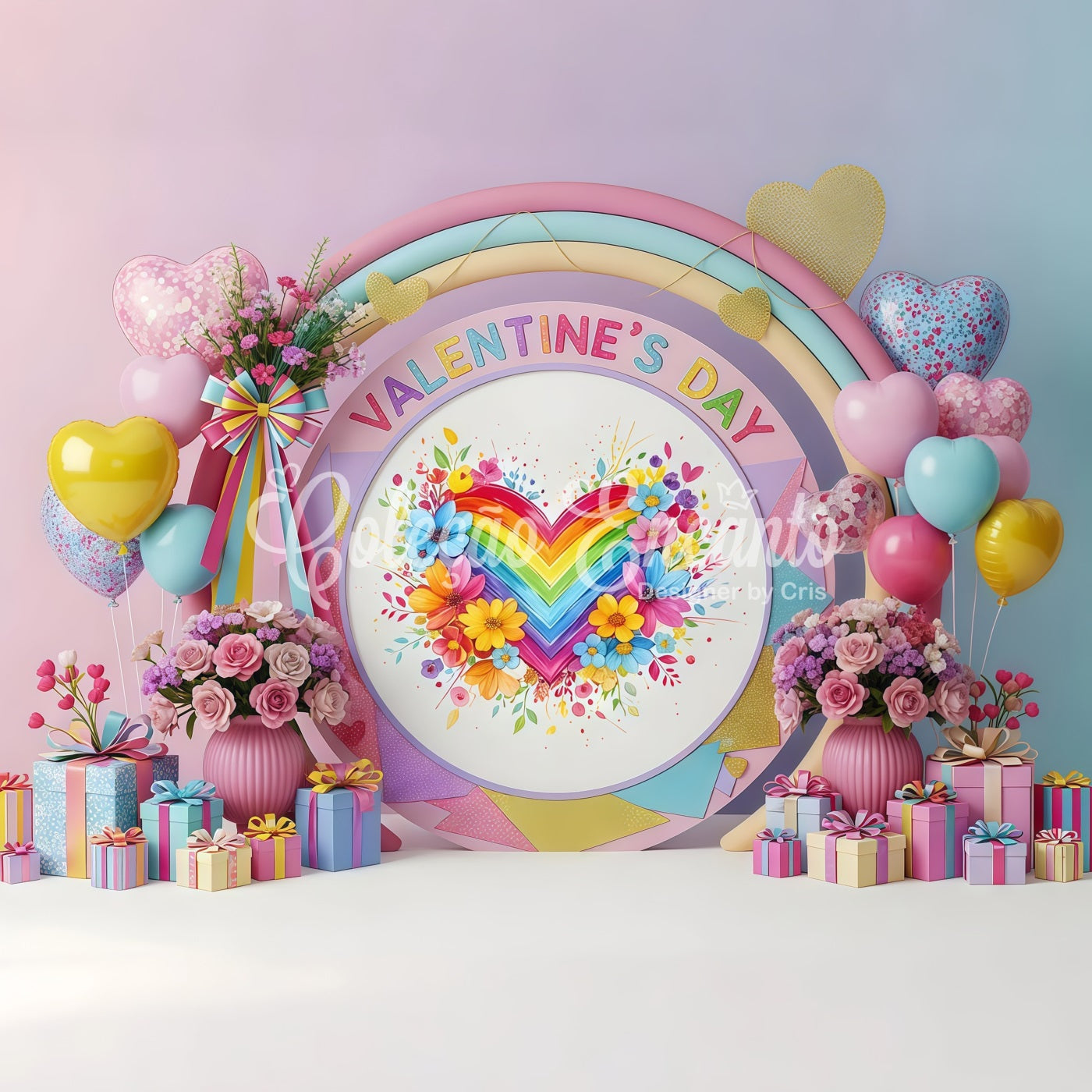 Valentines Backdrop Rainbow Floral Heart Valentine's Day Backdrops For Pictures UK By Magali