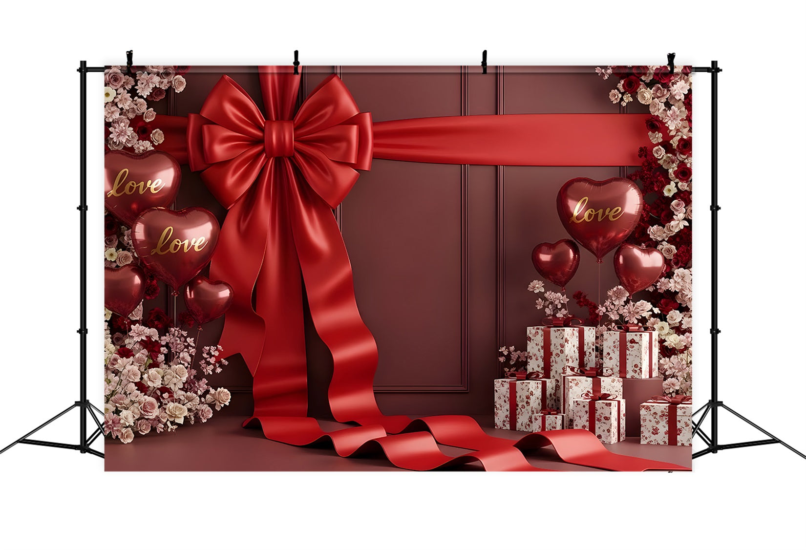 Valentines Backdrop Crimson Ribbon Roses Gift Valentine Backdrops For Photos UK By Magali