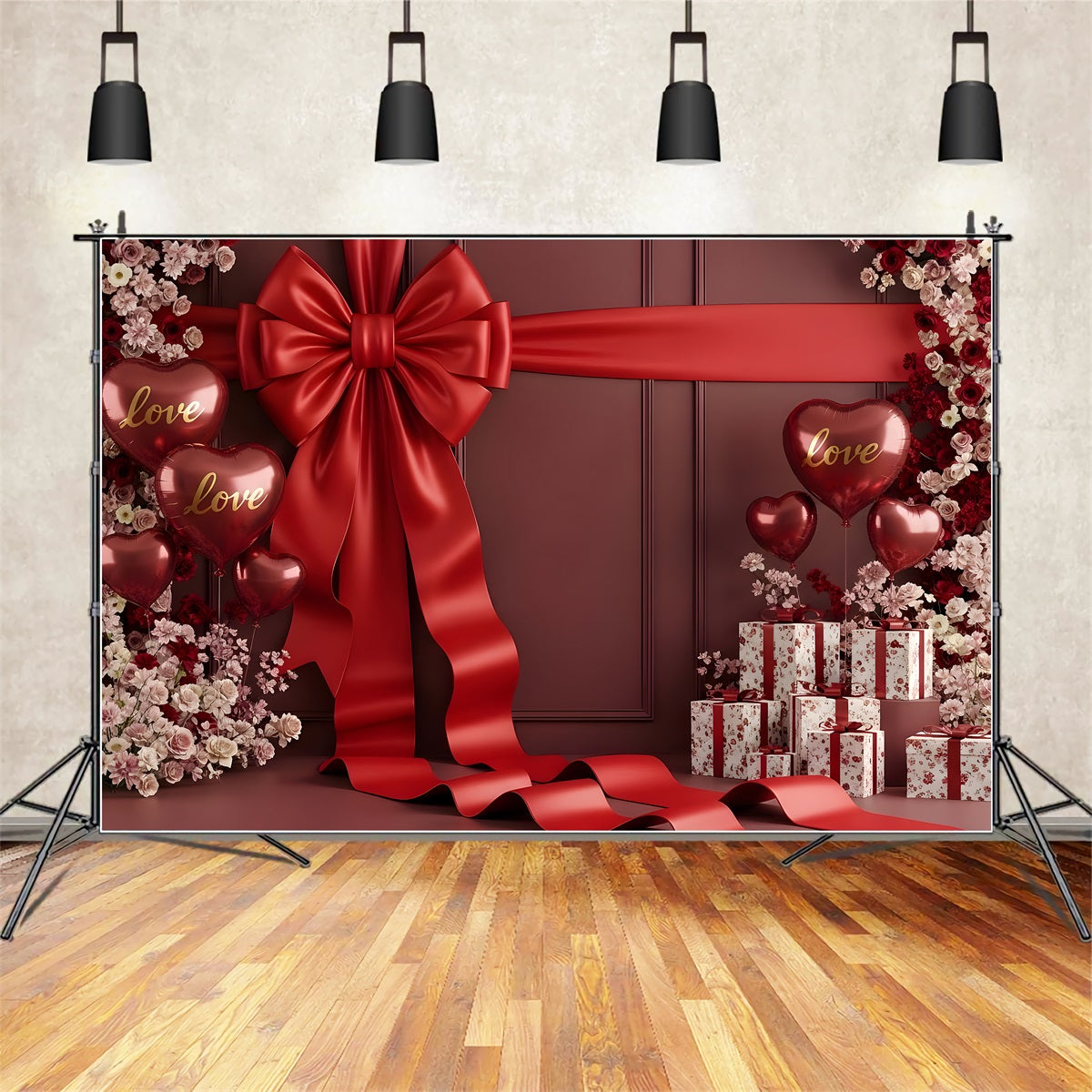 Valentines Backdrop Crimson Ribbon Roses Gift Valentine Backdrops For Photos UK By Magali