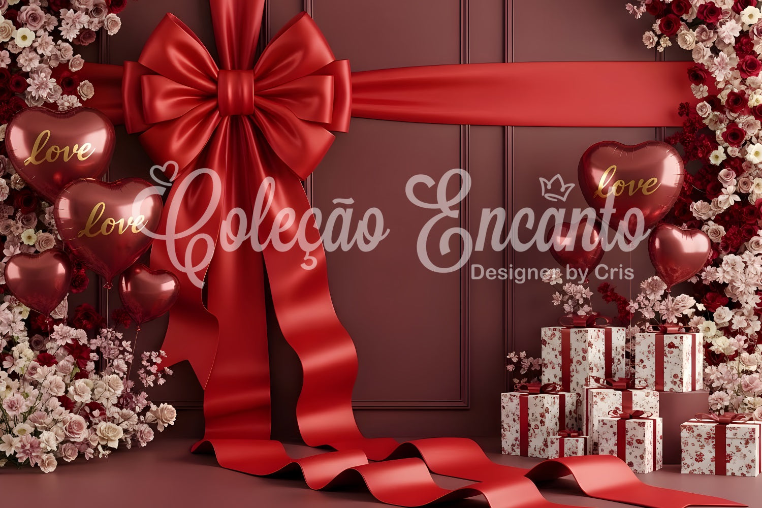 Valentines Backdrop Crimson Ribbon Roses Gift Valentine Backdrops For Photos UK By Magali