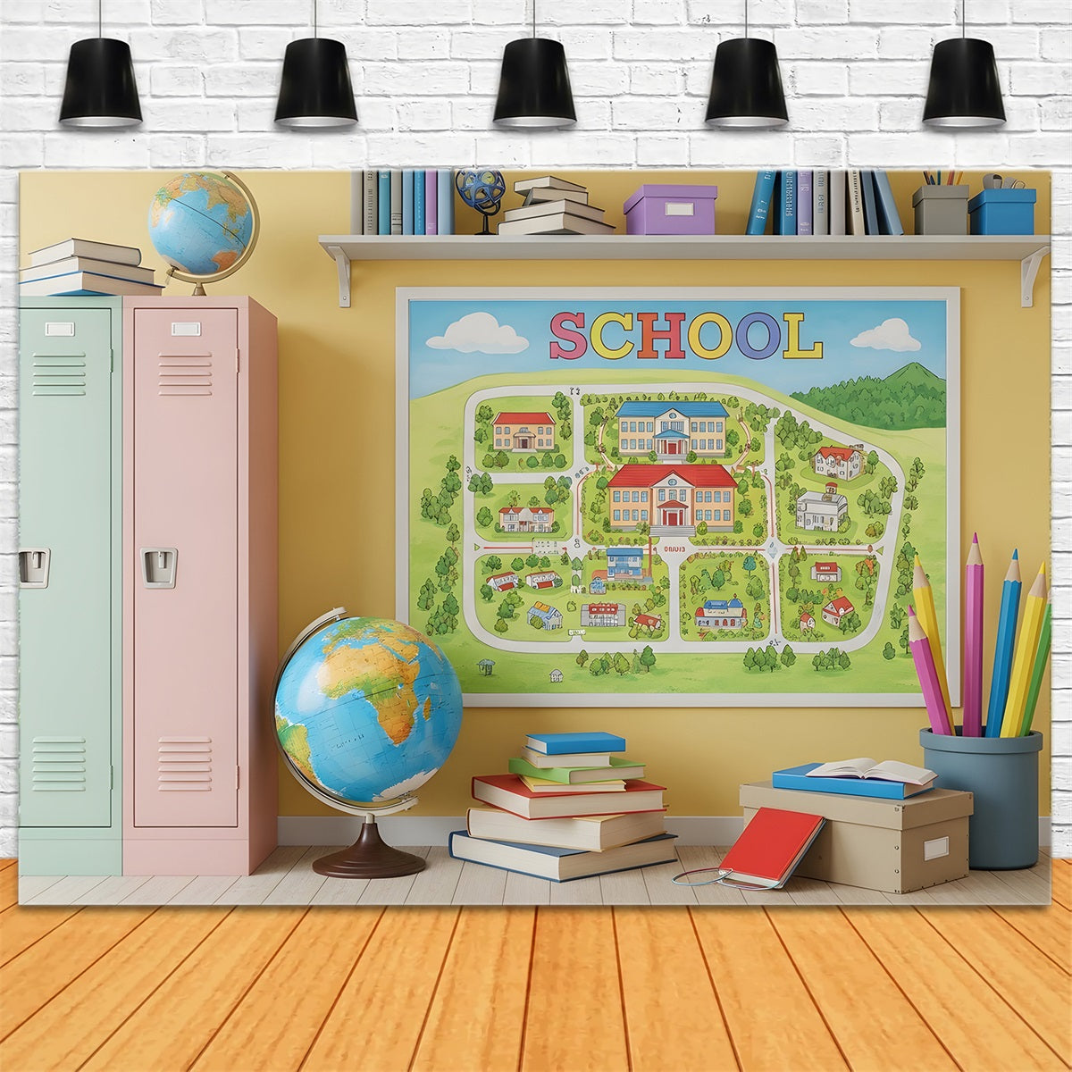 Back To School Photo Backdrop Bright Campus Map School Locker Backdrop UK By Magali