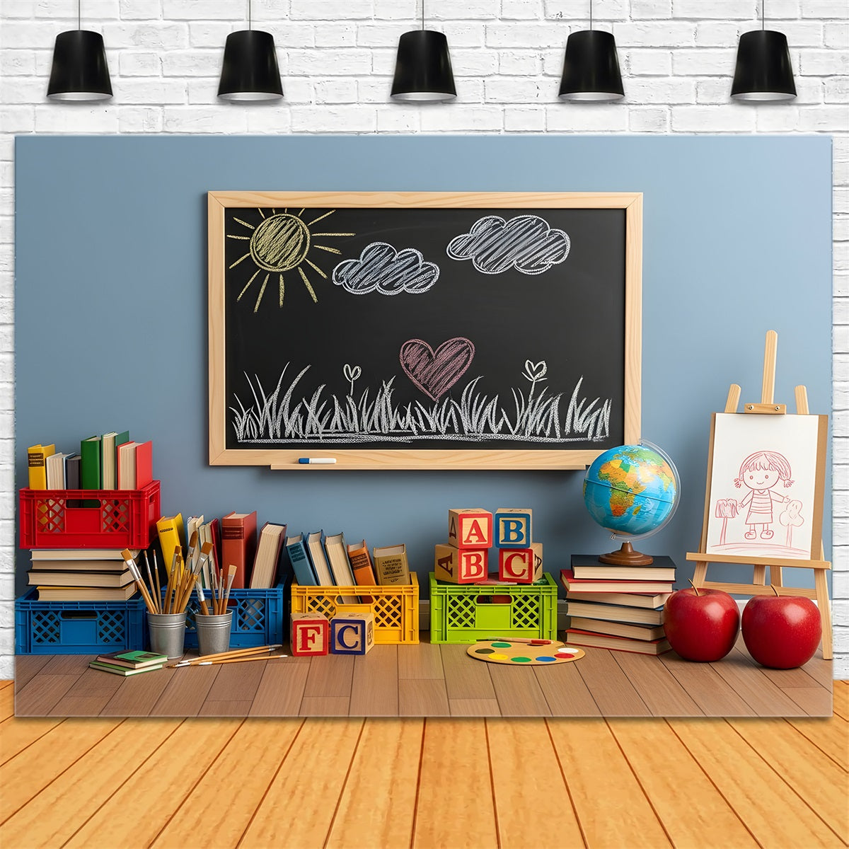 Back To School Backdrops Sunny Chalkboard Drawing School Classroom Backdrop UK By Magali