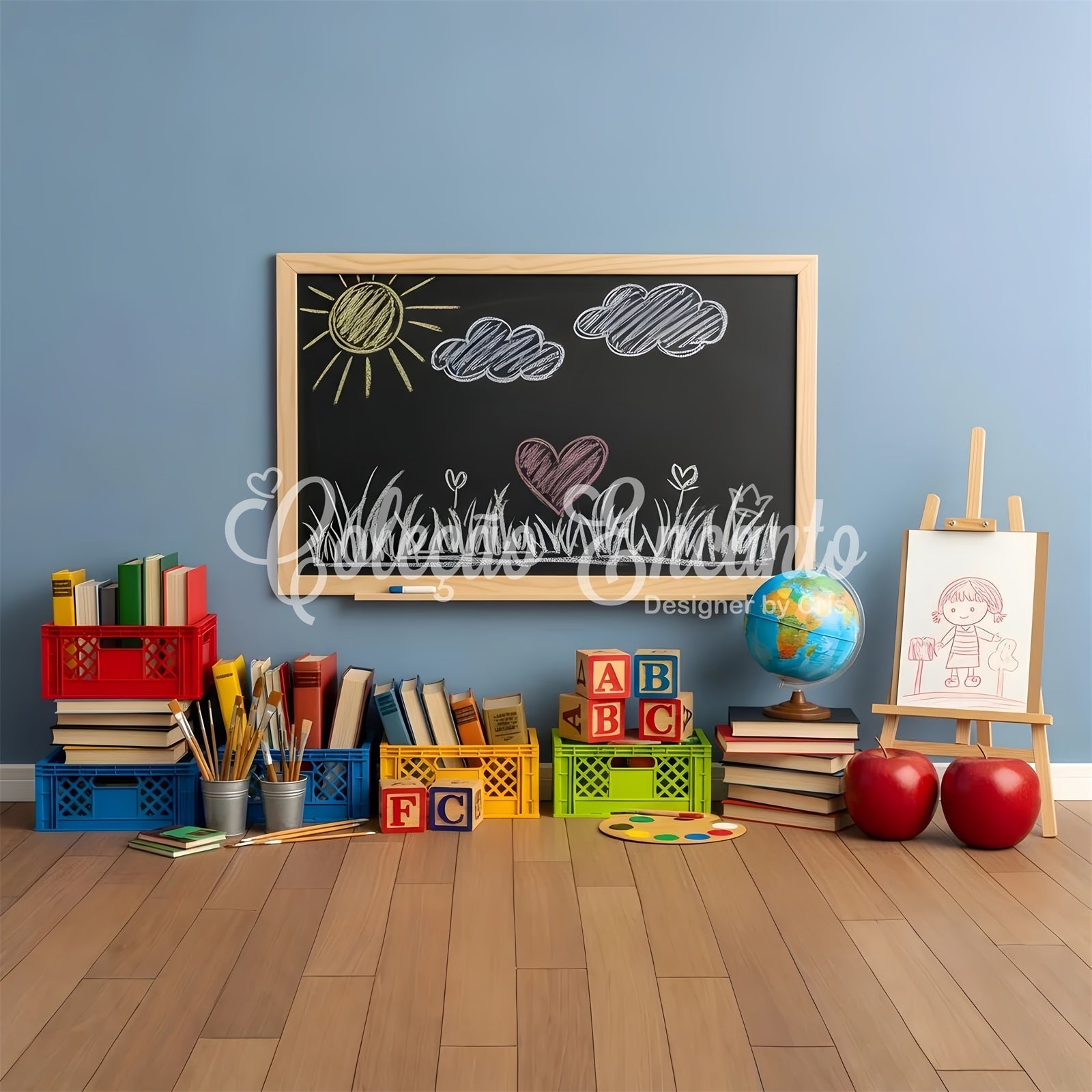 Back To School Backdrops Sunny Chalkboard Drawing School Classroom Backdrop UK By Magali