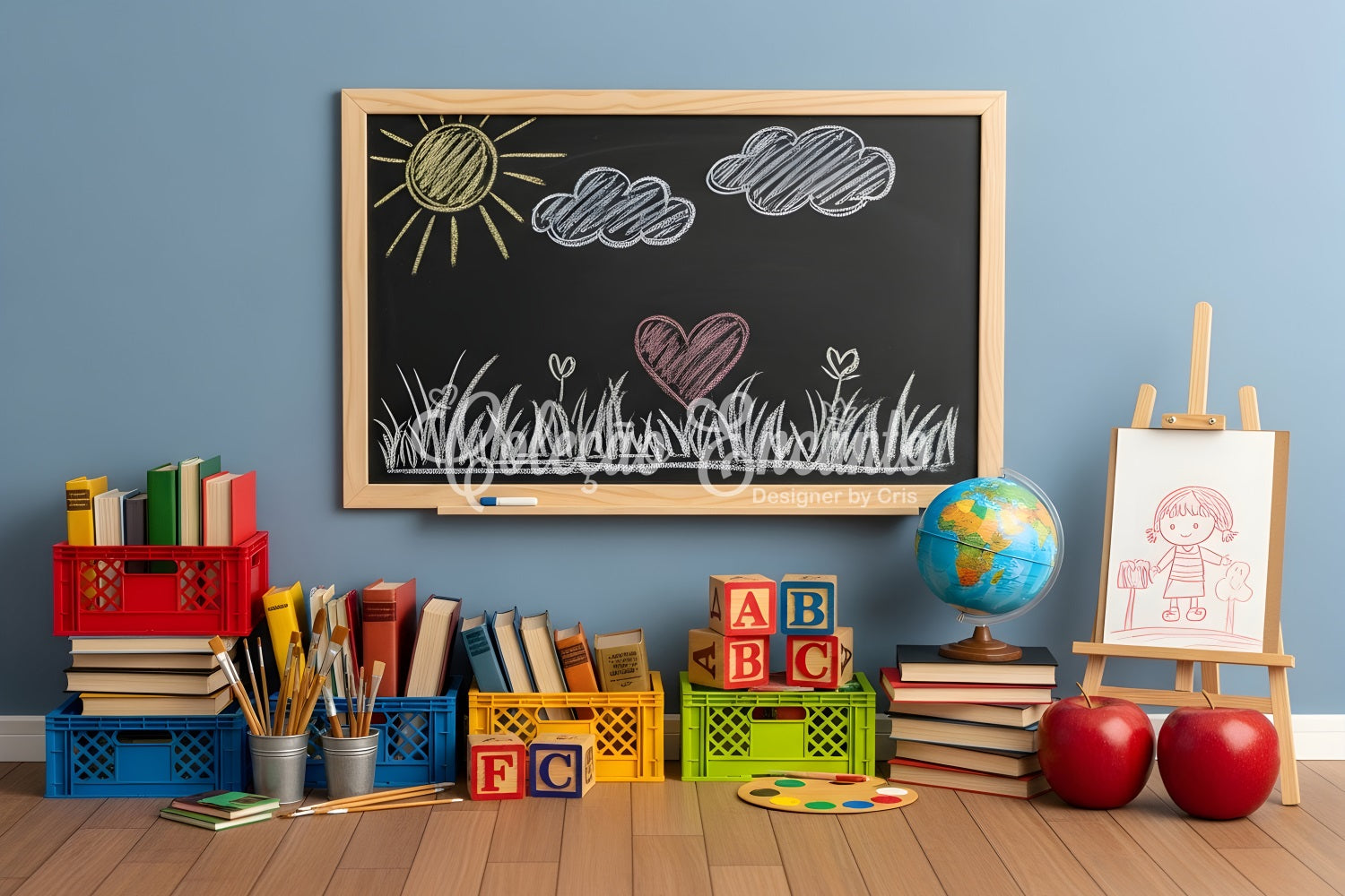 Back To School Backdrops Sunny Chalkboard Drawing School Classroom Backdrop UK By Magali
