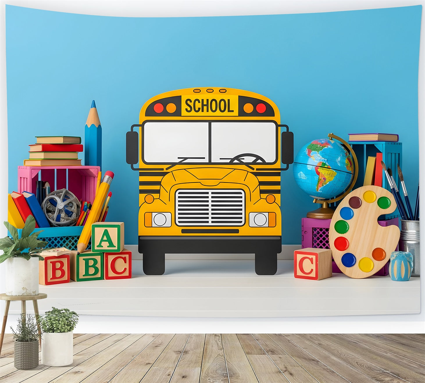 School Bus Backdrop Playful School Supplies Back To School Backdrop UK By Magali
