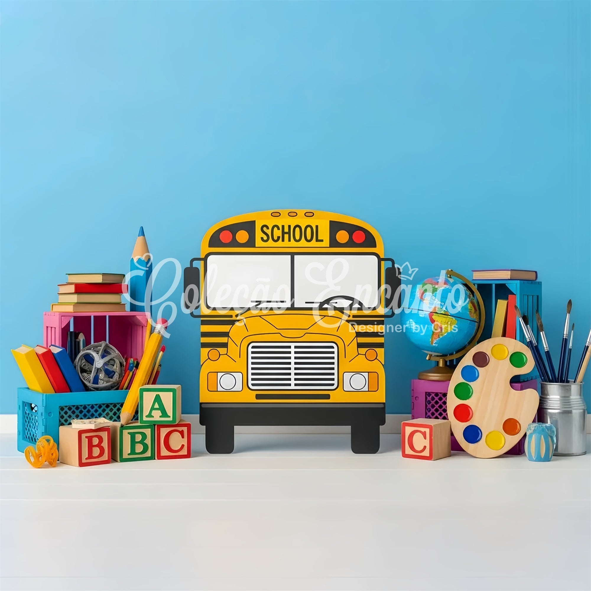 School Bus Backdrop Playful School Supplies Back To School Backdrop UK By Magali