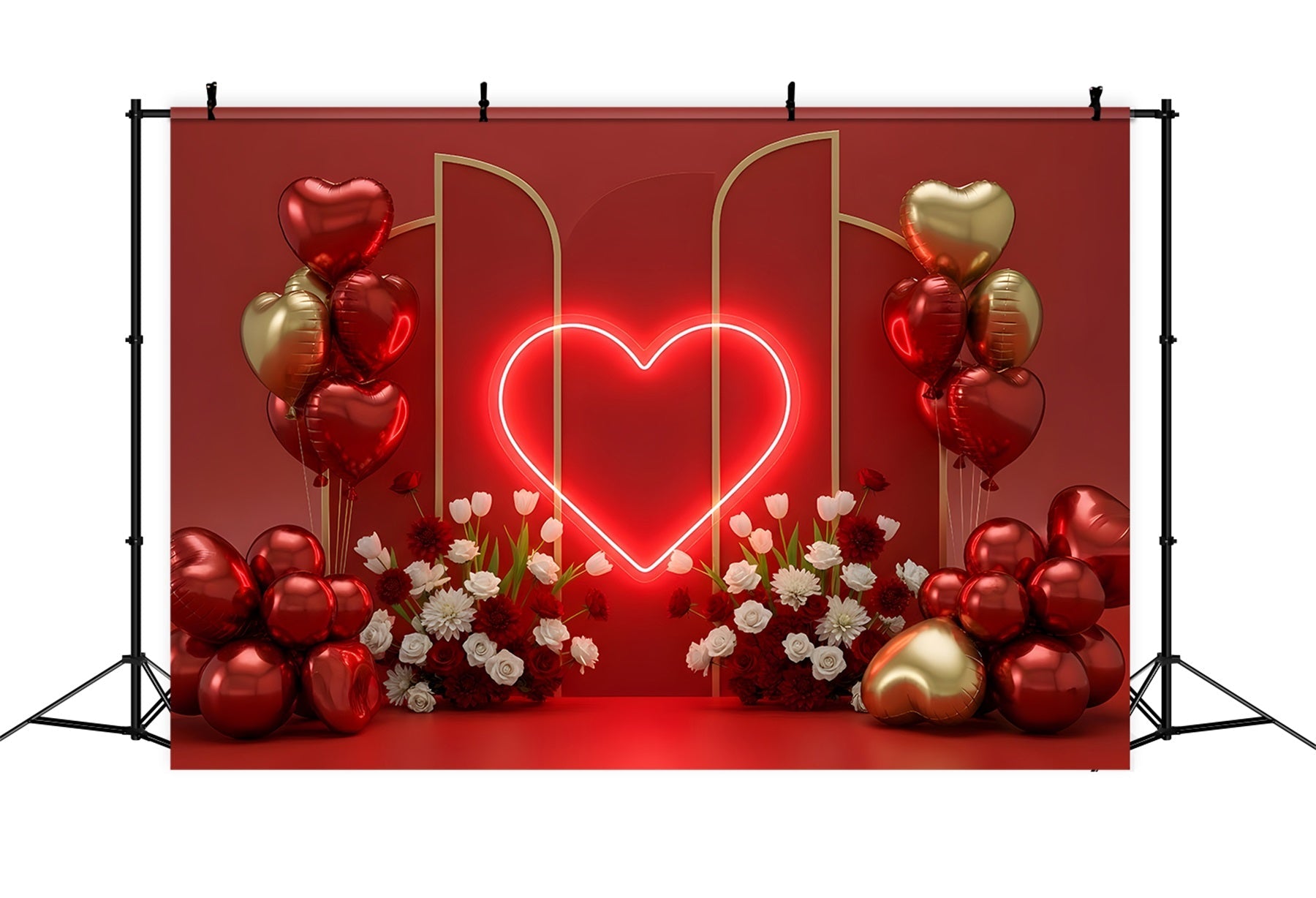 Valentine Backdrops Neon Heart Balloons Floral Red Valentine Backdrop UK By Magali