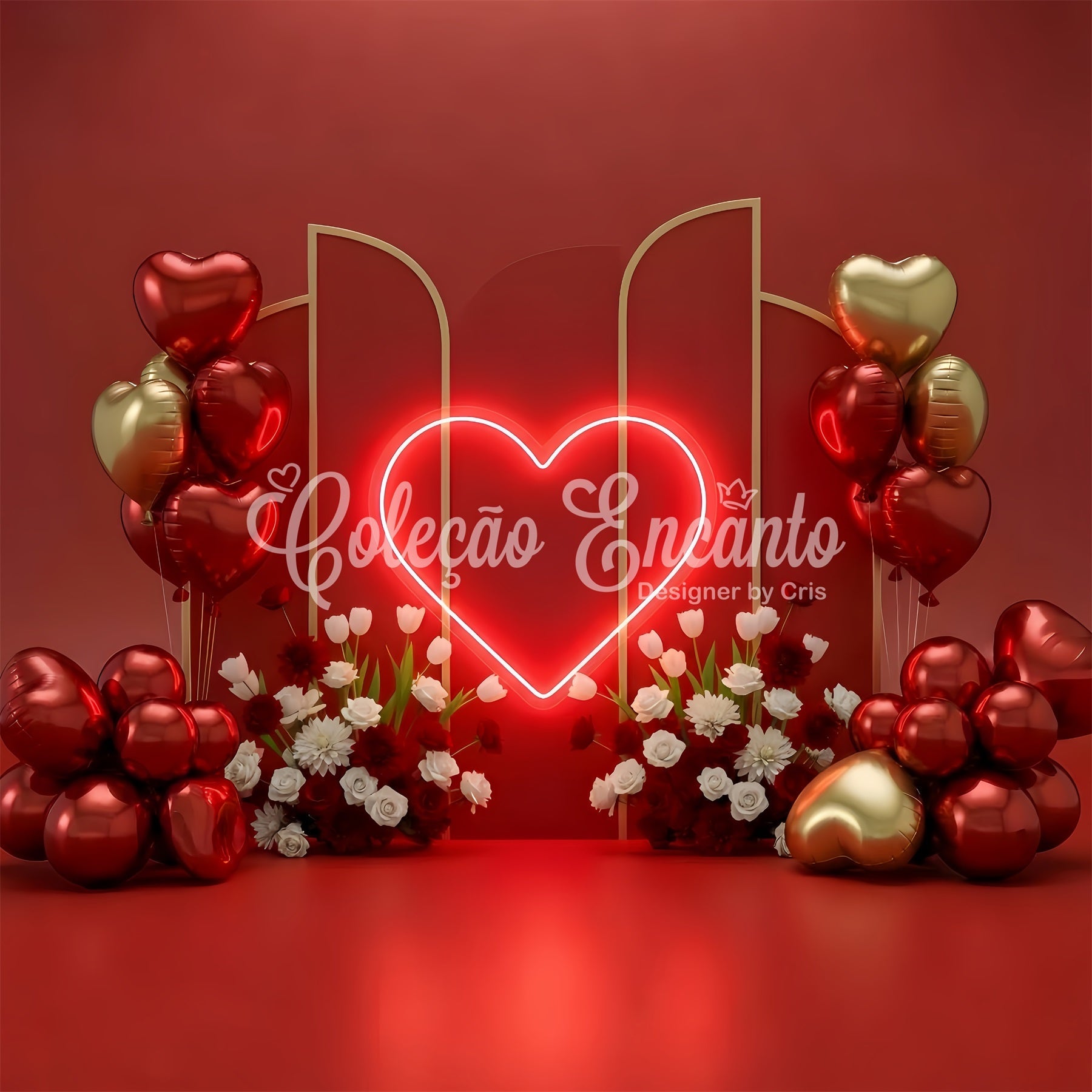 Valentine Backdrops Neon Heart Balloons Floral Red Valentine Backdrop UK By Magali